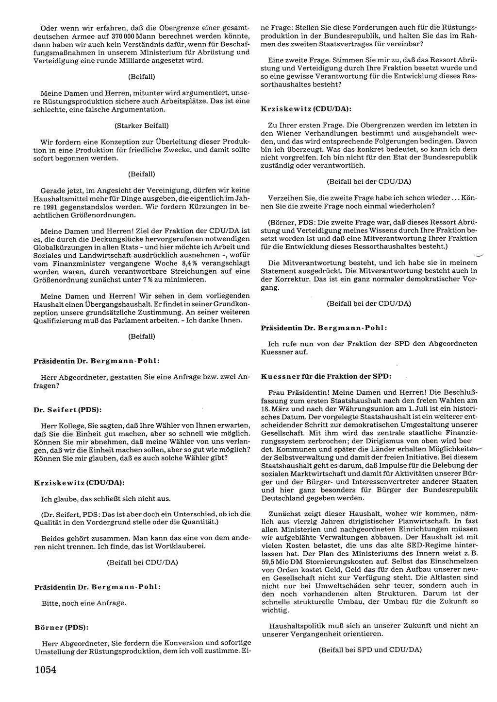 Tagungen der Volkskammer (VK) der Deutschen Demokratischen Republik (DDR), 10. Wahlperiode 1990, Seite 1054 (VK. DDR 10. WP. 1990, Prot. Tg. 1-38, 5.4.-2.10.1990, S. 1054)