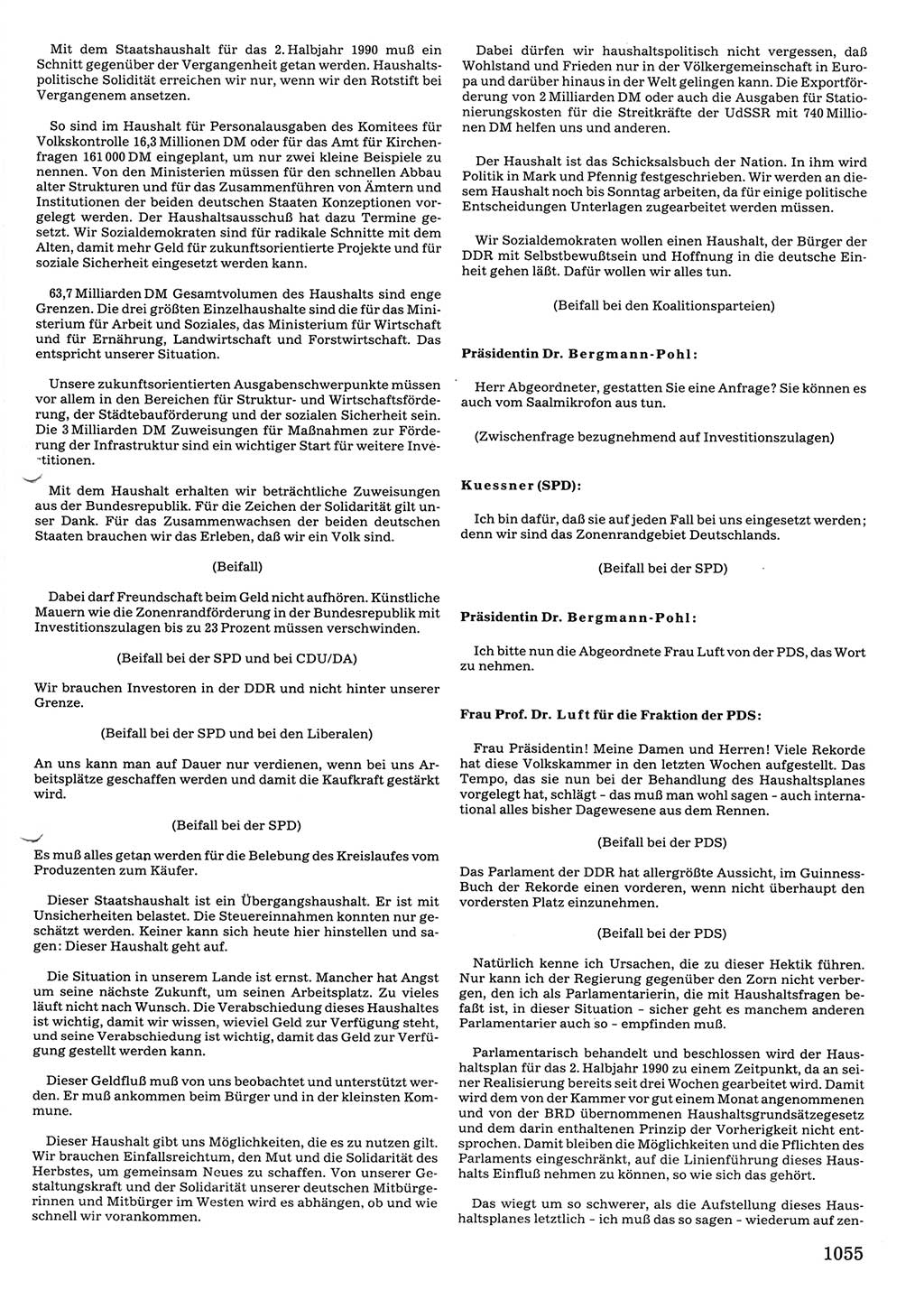 Tagungen der Volkskammer (VK) der Deutschen Demokratischen Republik (DDR), 10. Wahlperiode 1990, Seite 1055 (VK. DDR 10. WP. 1990, Prot. Tg. 1-38, 5.4.-2.10.1990, S. 1055)