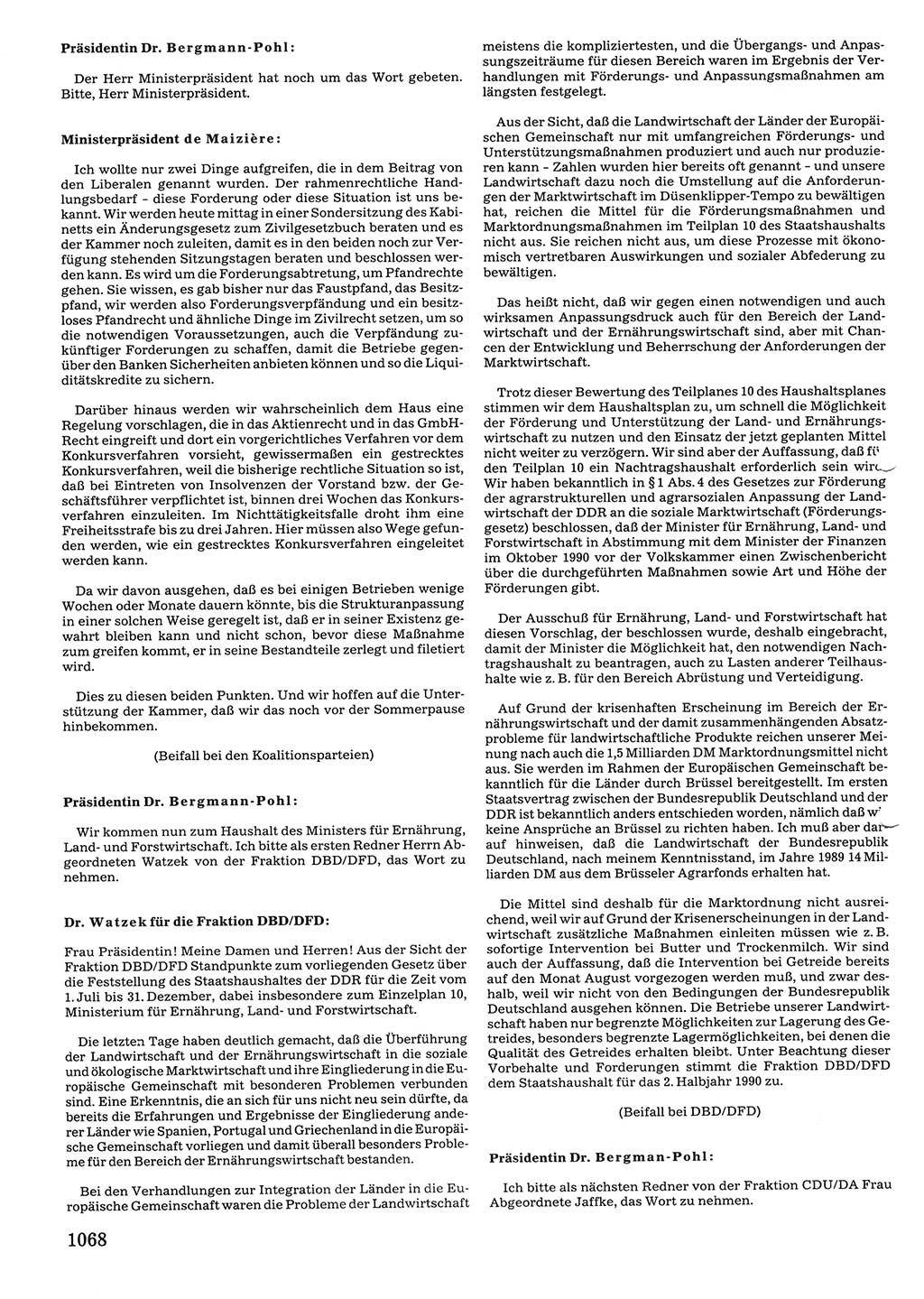 Tagungen der Volkskammer (VK) der Deutschen Demokratischen Republik (DDR), 10. Wahlperiode 1990, Seite 1068 (VK. DDR 10. WP. 1990, Prot. Tg. 1-38, 5.4.-2.10.1990, S. 1068)