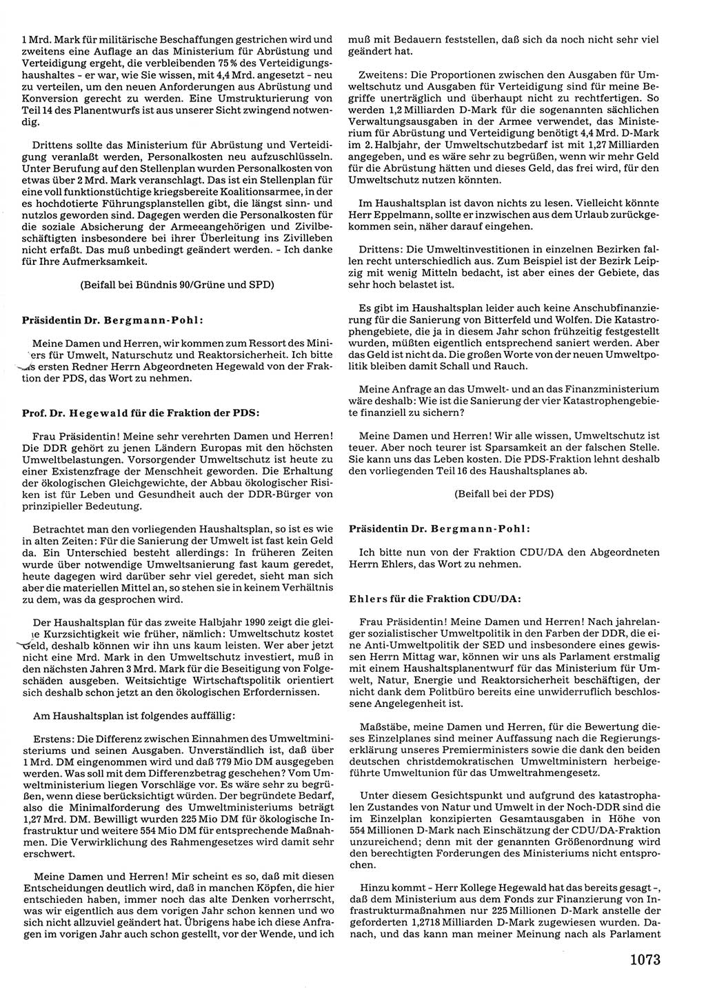 Tagungen der Volkskammer (VK) der Deutschen Demokratischen Republik (DDR), 10. Wahlperiode 1990, Seite 1073 (VK. DDR 10. WP. 1990, Prot. Tg. 1-38, 5.4.-2.10.1990, S. 1073)