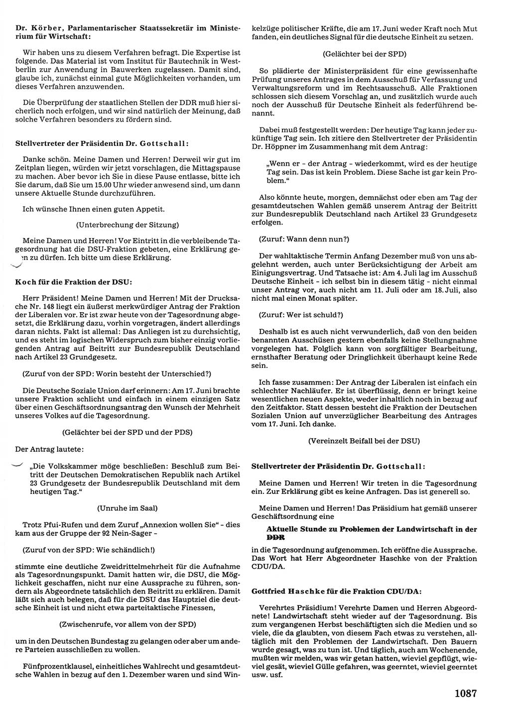 Tagungen der Volkskammer (VK) der Deutschen Demokratischen Republik (DDR), 10. Wahlperiode 1990, Seite 1087 (VK. DDR 10. WP. 1990, Prot. Tg. 1-38, 5.4.-2.10.1990, S. 1087)