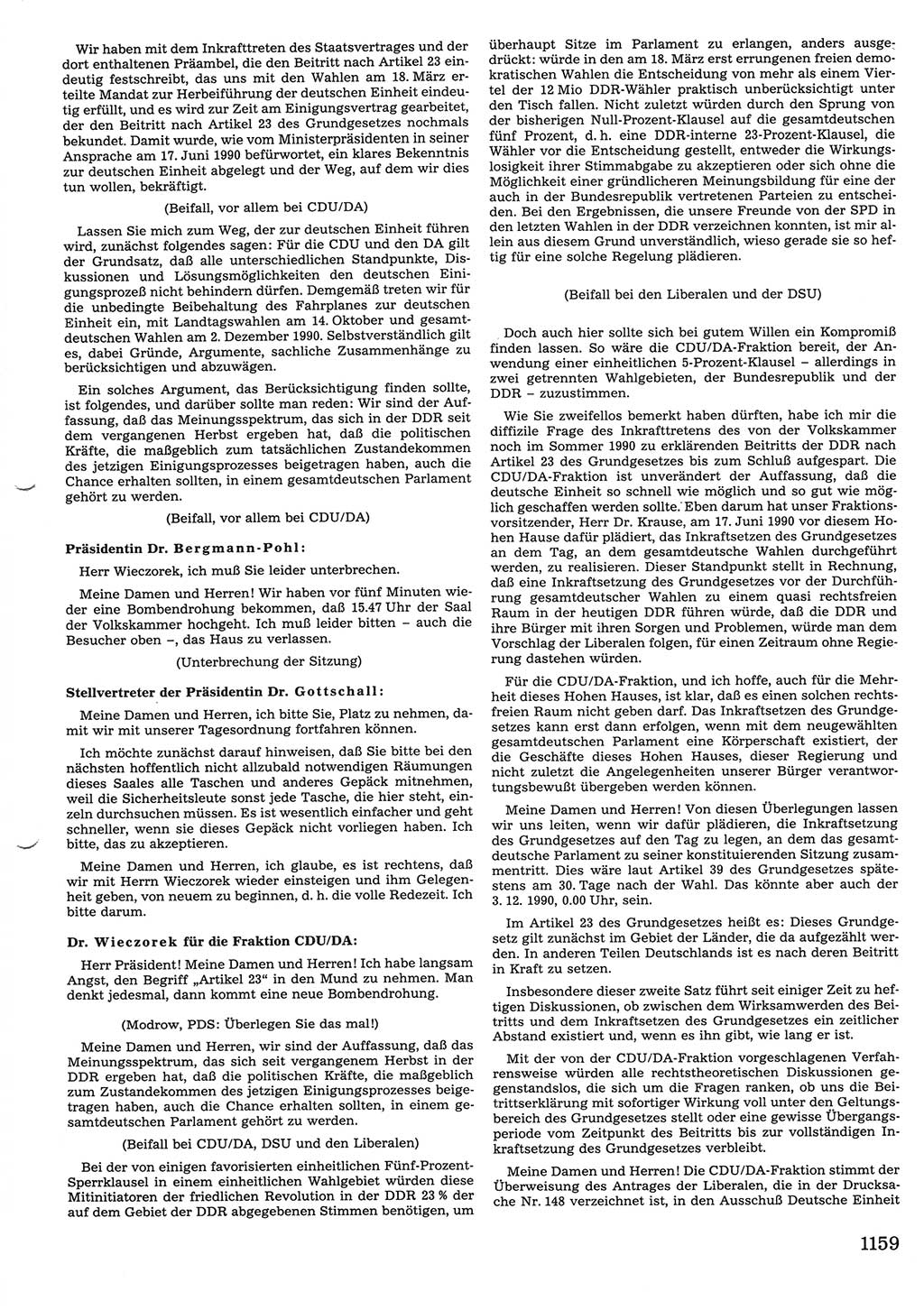 Tagungen der Volkskammer (VK) der Deutschen Demokratischen Republik (DDR), 10. Wahlperiode 1990, Seite 1159 (VK. DDR 10. WP. 1990, Prot. Tg. 1-38, 5.4.-2.10.1990, S. 1159)