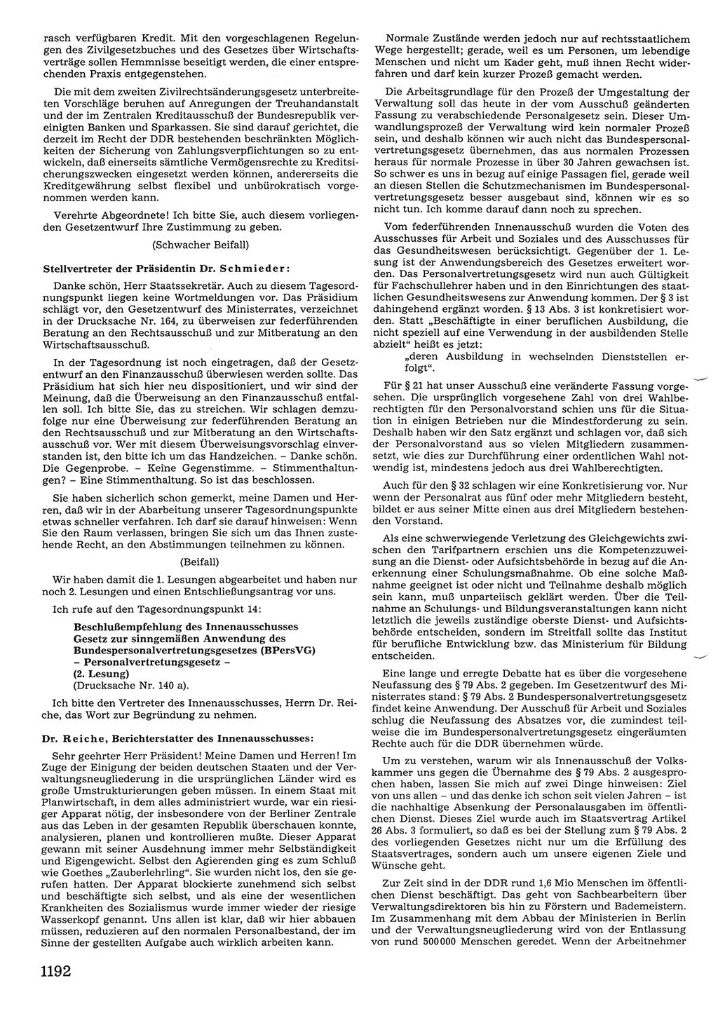 Tagungen der Volkskammer (VK) der Deutschen Demokratischen Republik (DDR), 10. Wahlperiode 1990, Seite 1192 (VK. DDR 10. WP. 1990, Prot. Tg. 1-38, 5.4.-2.10.1990, S. 1192)