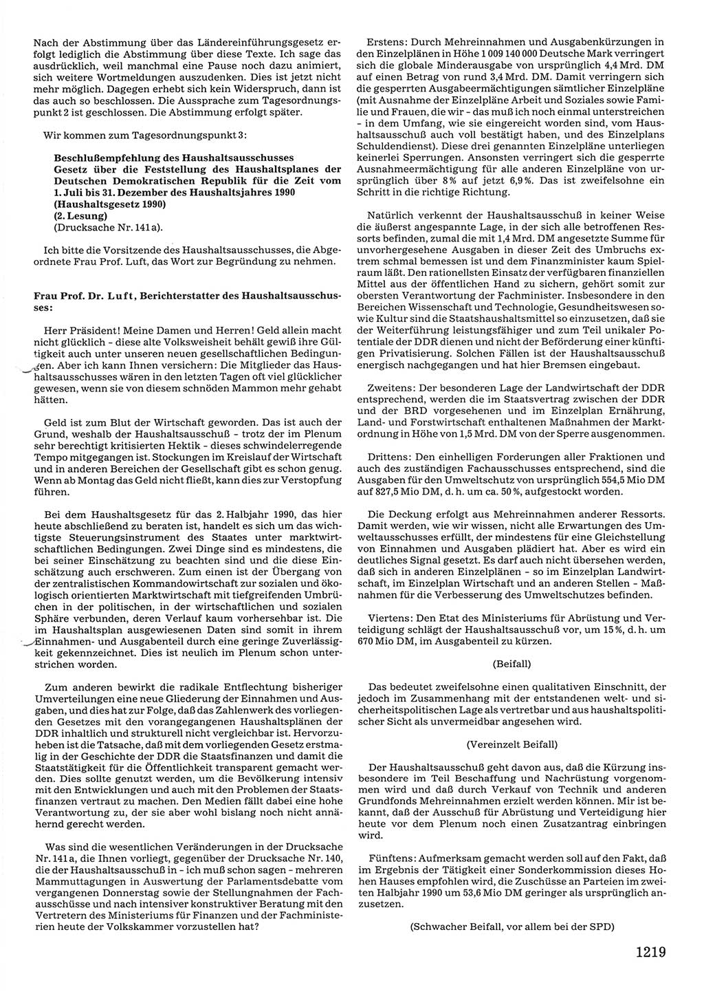 Tagungen der Volkskammer (VK) der Deutschen Demokratischen Republik (DDR), 10. Wahlperiode 1990, Seite 1219 (VK. DDR 10. WP. 1990, Prot. Tg. 1-38, 5.4.-2.10.1990, S. 1219)