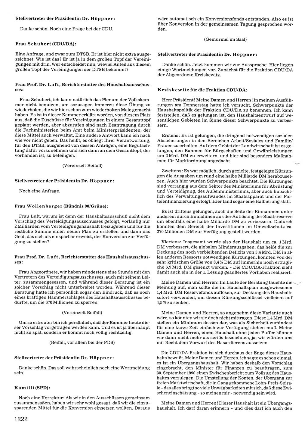 Tagungen der Volkskammer (VK) der Deutschen Demokratischen Republik (DDR), 10. Wahlperiode 1990, Seite 1222 (VK. DDR 10. WP. 1990, Prot. Tg. 1-38, 5.4.-2.10.1990, S. 1222)