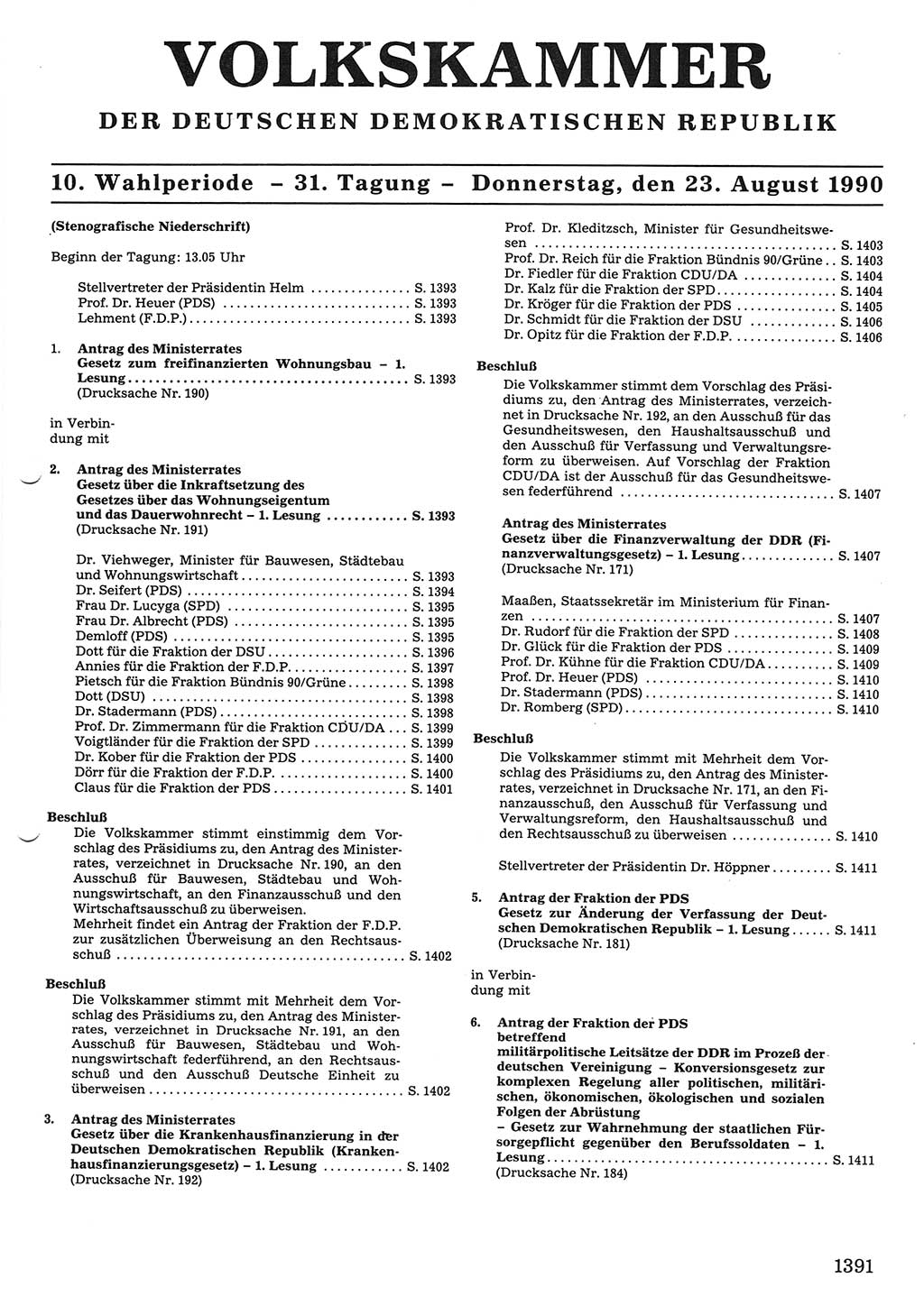 Tagungen der Volkskammer (VK) der Deutschen Demokratischen Republik (DDR), 10. Wahlperiode 1990, Seite 1391 (VK. DDR 10. WP. 1990, Prot. Tg. 1-38, 5.4.-2.10.1990, S. 1391)