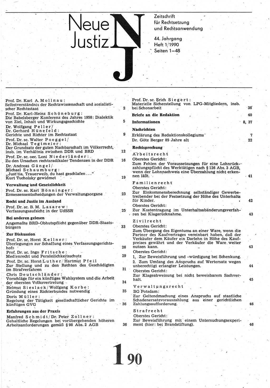 Neue Justiz (NJ), Zeitschrift für Rechtsetzung und Rechtsanwendung [Deutsche Demokratische Republik (DDR)], 44. Jahrgang 1990, Seite 1 (NJ DDR 1990, S. 1)