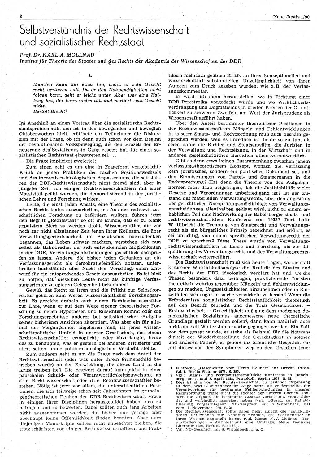 Neue Justiz (NJ), Zeitschrift für Rechtsetzung und Rechtsanwendung [Deutsche Demokratische Republik (DDR)], 44. Jahrgang 1990, Seite 2 (NJ DDR 1990, S. 2)