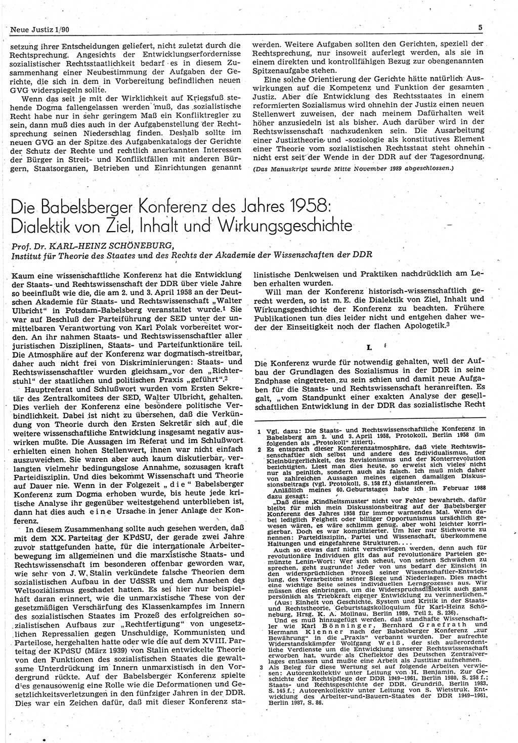 Neue Justiz (NJ), Zeitschrift für Rechtsetzung und Rechtsanwendung [Deutsche Demokratische Republik (DDR)], 44. Jahrgang 1990, Seite 5 (NJ DDR 1990, S. 5)
