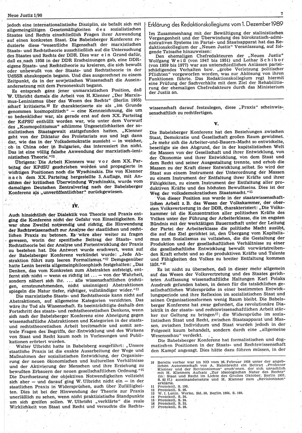 Neue Justiz (NJ), Zeitschrift für Rechtsetzung und Rechtsanwendung [Deutsche Demokratische Republik (DDR)], 44. Jahrgang 1990, Seite 7 (NJ DDR 1990, S. 7)