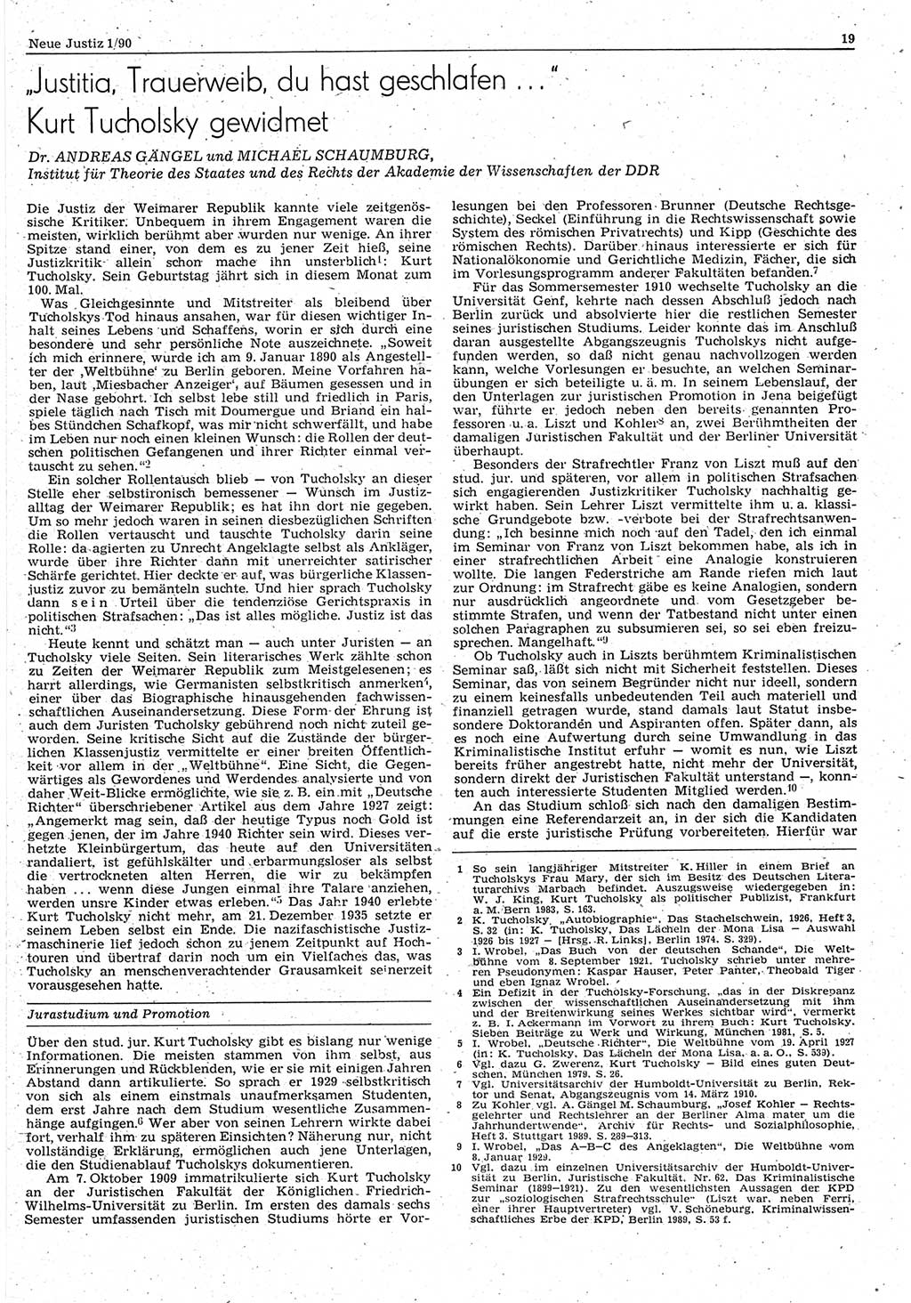 Neue Justiz (NJ), Zeitschrift für Rechtsetzung und Rechtsanwendung [Deutsche Demokratische Republik (DDR)], 44. Jahrgang 1990, Seite 19 (NJ DDR 1990, S. 19)