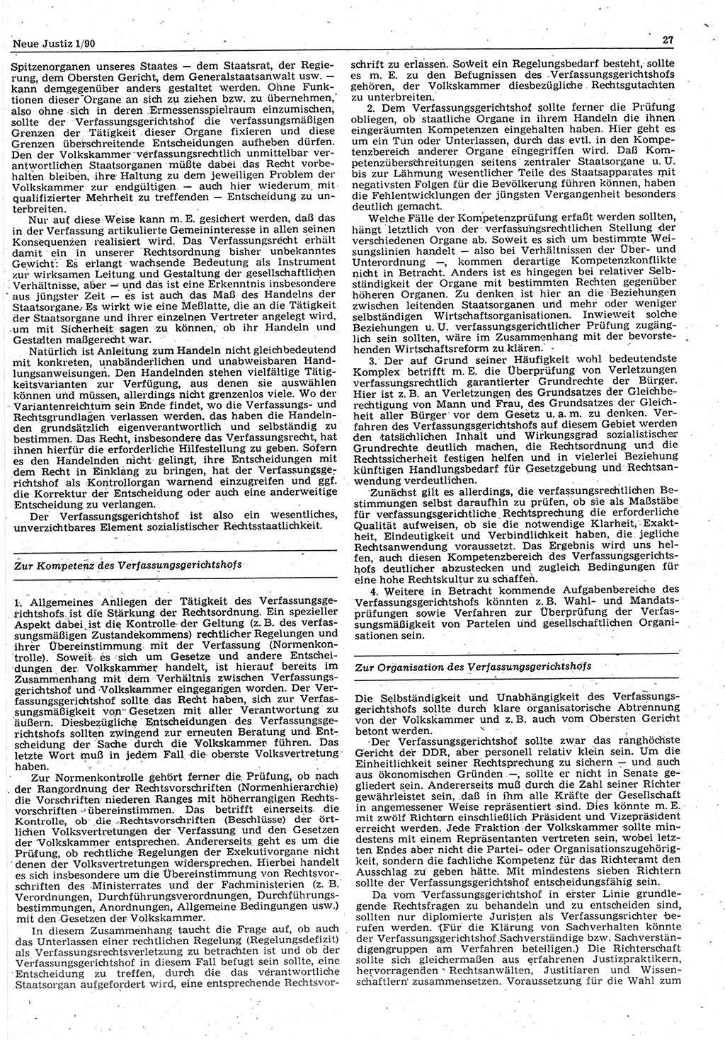 Neue Justiz (NJ), Zeitschrift für Rechtsetzung und Rechtsanwendung [Deutsche Demokratische Republik (DDR)], 44. Jahrgang 1990, Seite 27 (NJ DDR 1990, S. 27)