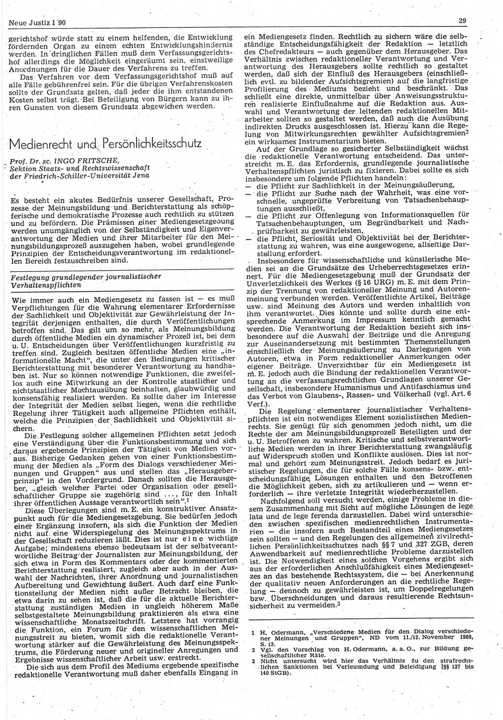 Neue Justiz (NJ), Zeitschrift für Rechtsetzung und Rechtsanwendung [Deutsche Demokratische Republik (DDR)], 44. Jahrgang 1990, Seite 29 (NJ DDR 1990, S. 29)