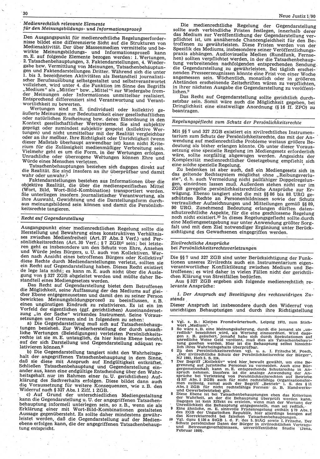 Neue Justiz (NJ), Zeitschrift für Rechtsetzung und Rechtsanwendung [Deutsche Demokratische Republik (DDR)], 44. Jahrgang 1990, Seite 30 (NJ DDR 1990, S. 30)