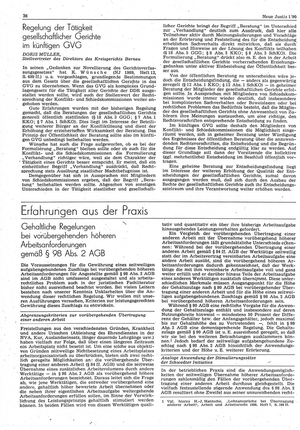 Neue Justiz (NJ), Zeitschrift für Rechtsetzung und Rechtsanwendung [Deutsche Demokratische Republik (DDR)], 44. Jahrgang 1990, Seite 36 (NJ DDR 1990, S. 36)