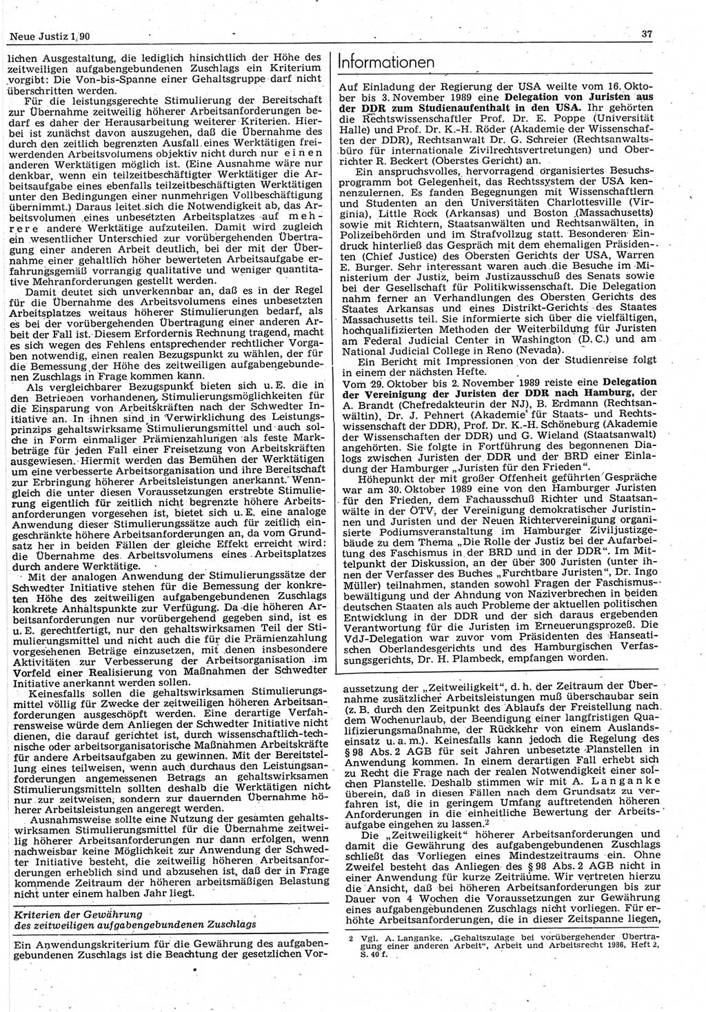 Neue Justiz (NJ), Zeitschrift für Rechtsetzung und Rechtsanwendung [Deutsche Demokratische Republik (DDR)], 44. Jahrgang 1990, Seite 37 (NJ DDR 1990, S. 37)