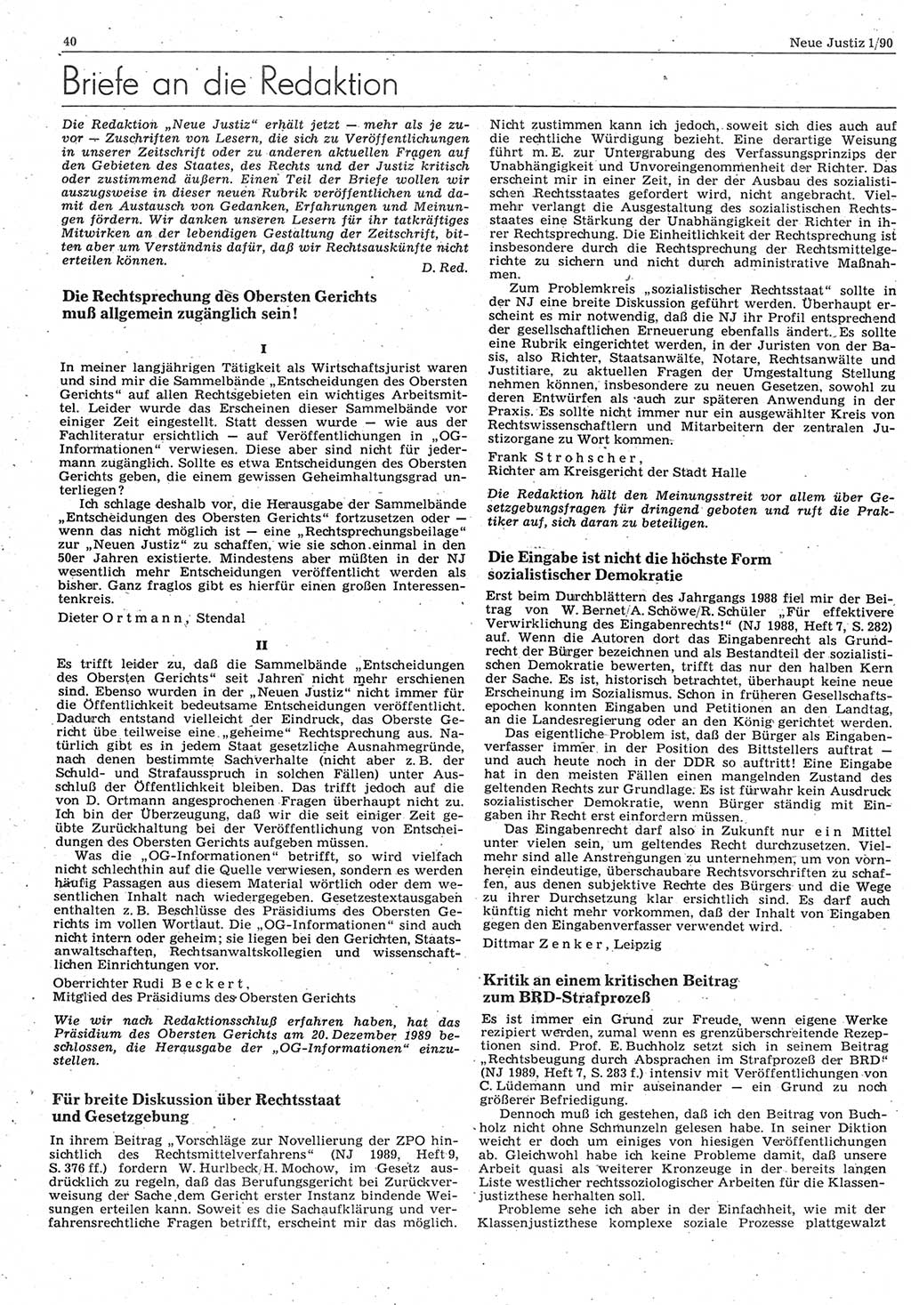 Neue Justiz (NJ), Zeitschrift für Rechtsetzung und Rechtsanwendung [Deutsche Demokratische Republik (DDR)], 44. Jahrgang 1990, Seite 40 (NJ DDR 1990, S. 40)