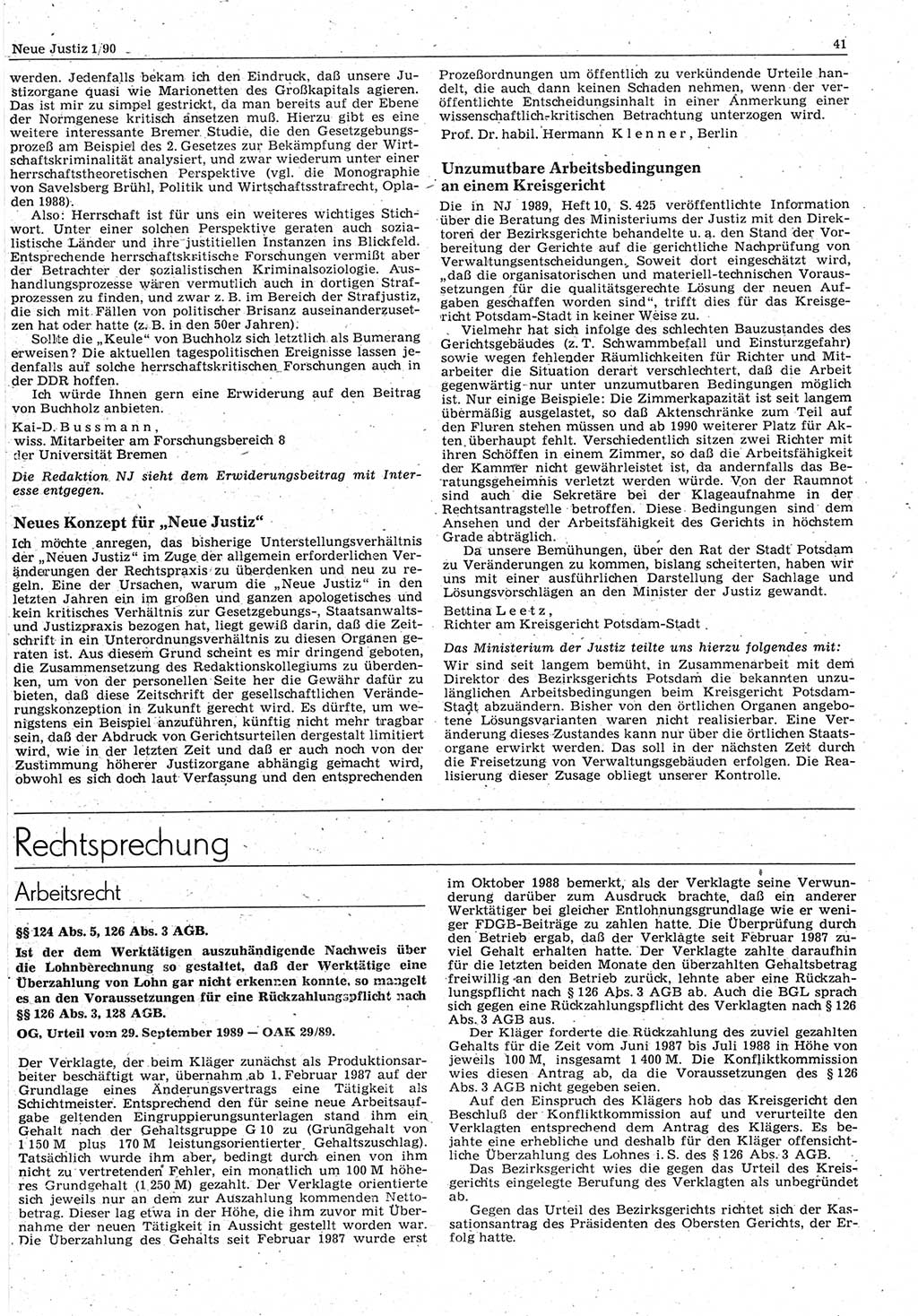 Neue Justiz (NJ), Zeitschrift für Rechtsetzung und Rechtsanwendung [Deutsche Demokratische Republik (DDR)], 44. Jahrgang 1990, Seite 41 (NJ DDR 1990, S. 41)
