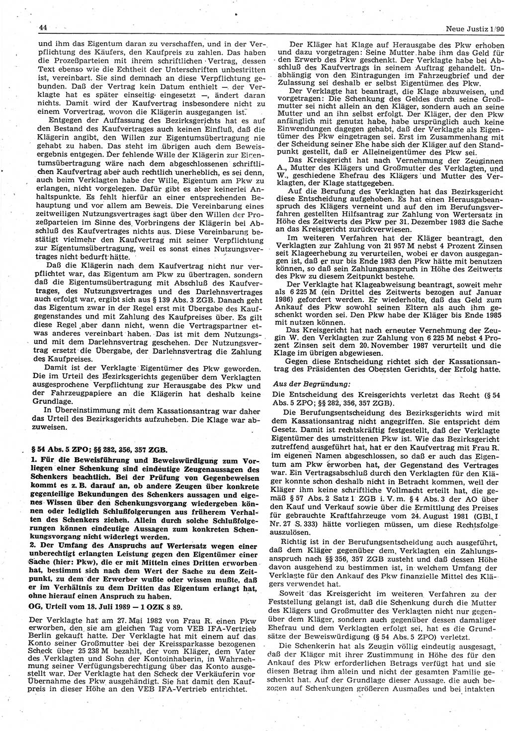 Neue Justiz (NJ), Zeitschrift für Rechtsetzung und Rechtsanwendung [Deutsche Demokratische Republik (DDR)], 44. Jahrgang 1990, Seite 44 (NJ DDR 1990, S. 44)