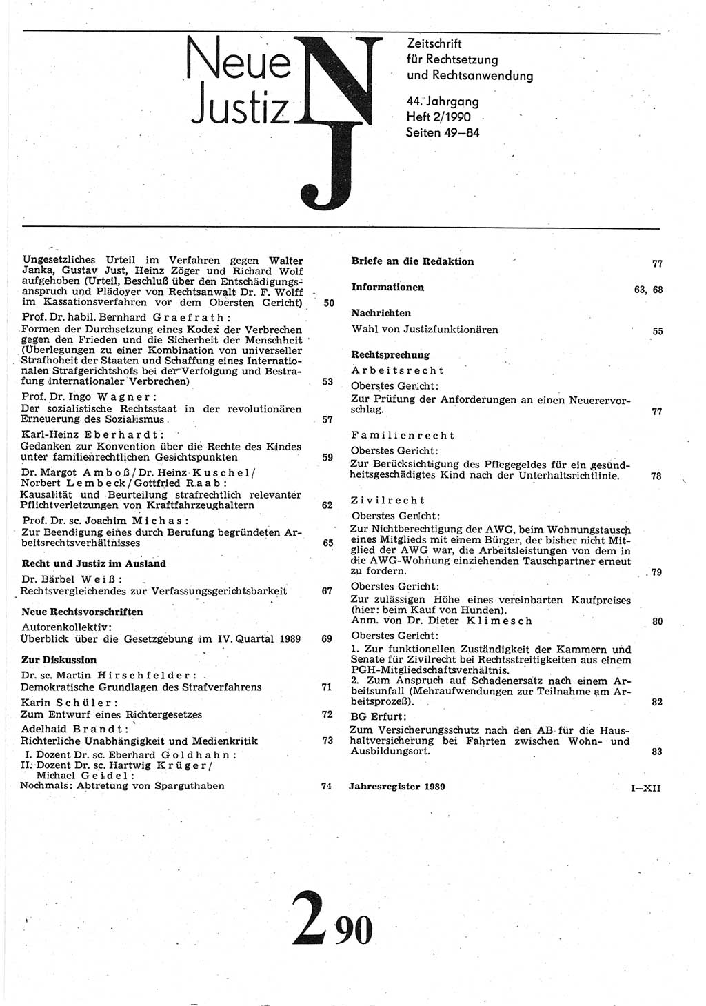 Neue Justiz (NJ), Zeitschrift für Rechtsetzung und Rechtsanwendung [Deutsche Demokratische Republik (DDR)], 44. Jahrgang 1990, Seite 49 (NJ DDR 1990, S. 49)