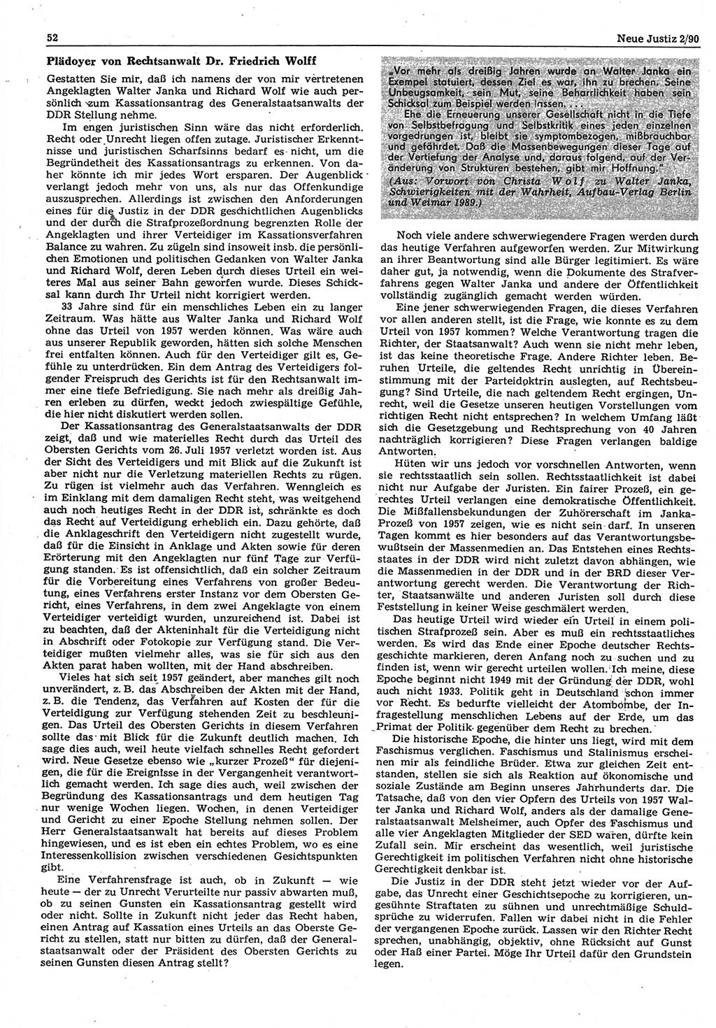 Neue Justiz (NJ), Zeitschrift für Rechtsetzung und Rechtsanwendung [Deutsche Demokratische Republik (DDR)], 44. Jahrgang 1990, Seite 52 (NJ DDR 1990, S. 52)