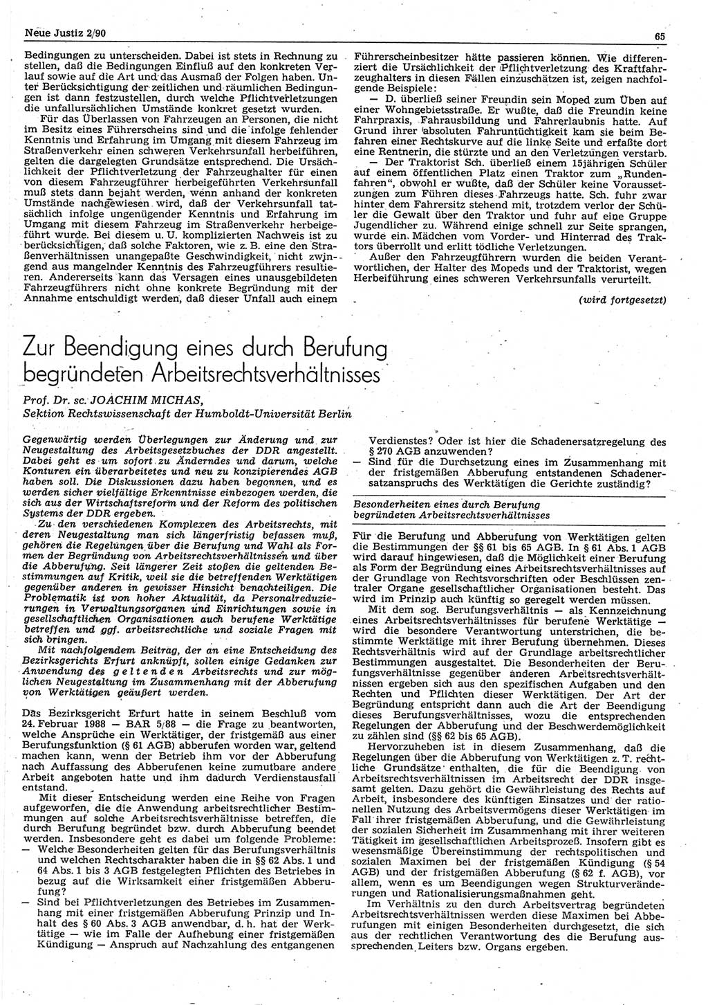 Neue Justiz (NJ), Zeitschrift für Rechtsetzung und Rechtsanwendung [Deutsche Demokratische Republik (DDR)], 44. Jahrgang 1990, Seite 65 (NJ DDR 1990, S. 65)