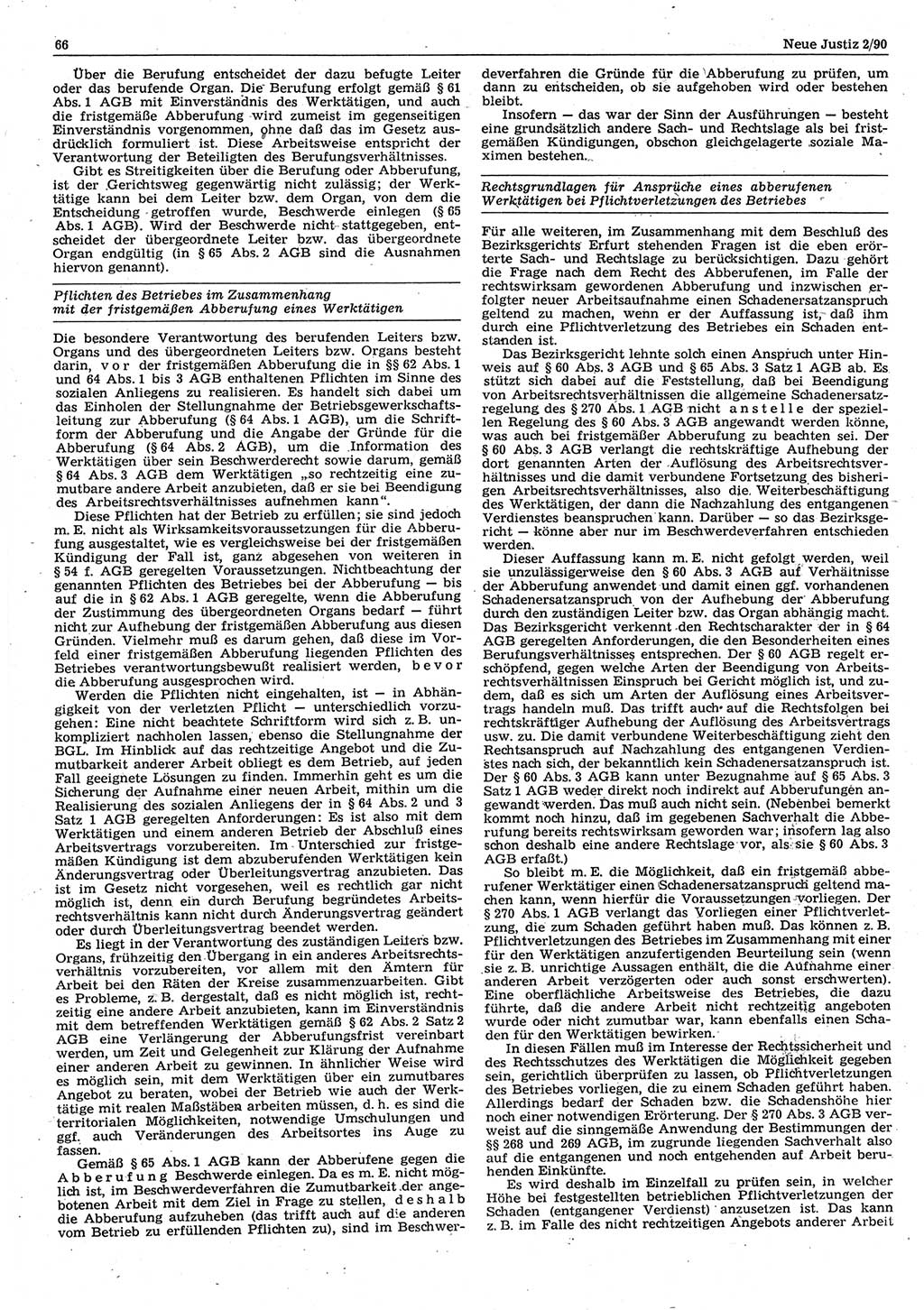Neue Justiz (NJ), Zeitschrift für Rechtsetzung und Rechtsanwendung [Deutsche Demokratische Republik (DDR)], 44. Jahrgang 1990, Seite 66 (NJ DDR 1990, S. 66)