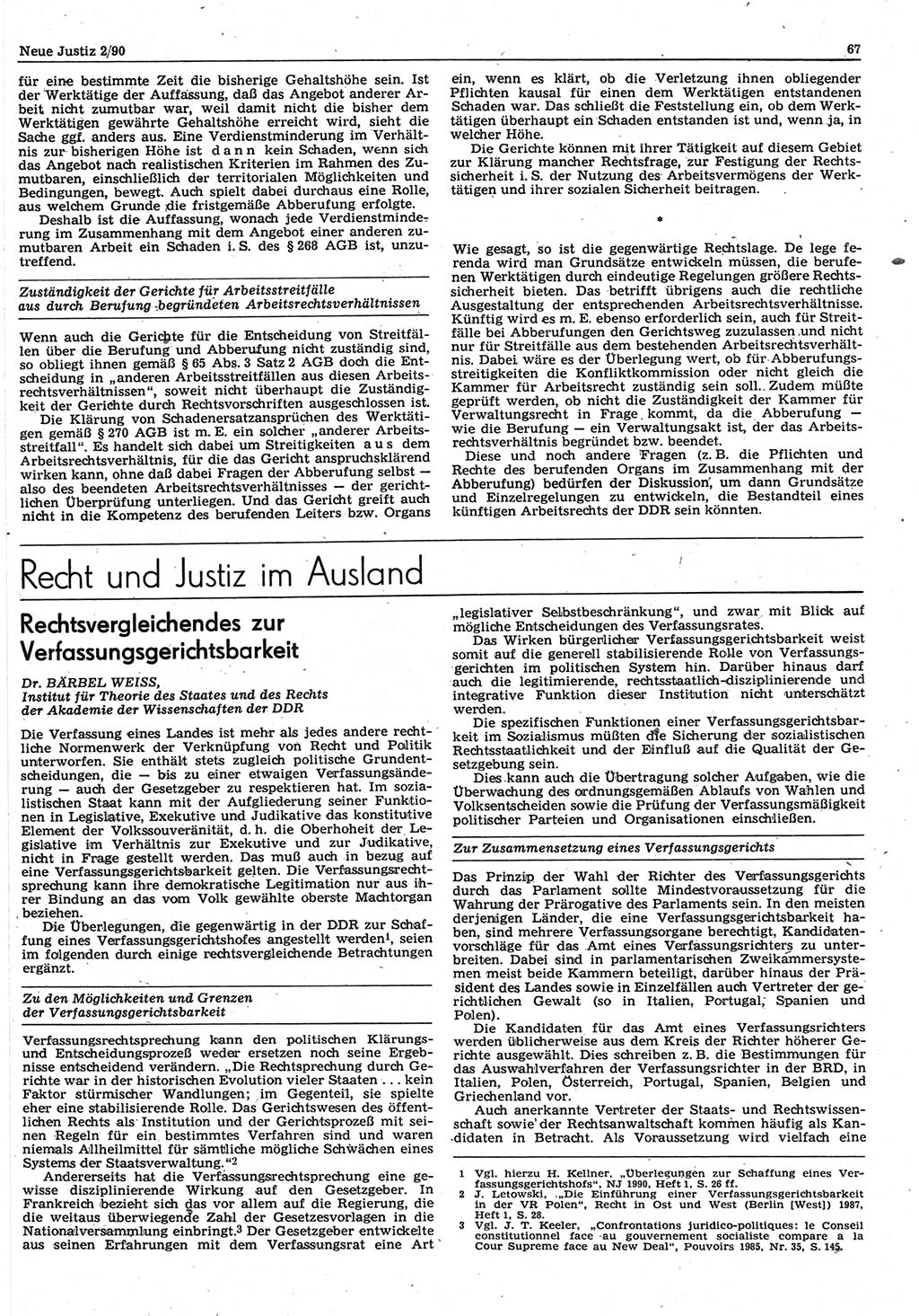 Neue Justiz (NJ), Zeitschrift für Rechtsetzung und Rechtsanwendung [Deutsche Demokratische Republik (DDR)], 44. Jahrgang 1990, Seite 67 (NJ DDR 1990, S. 67)
