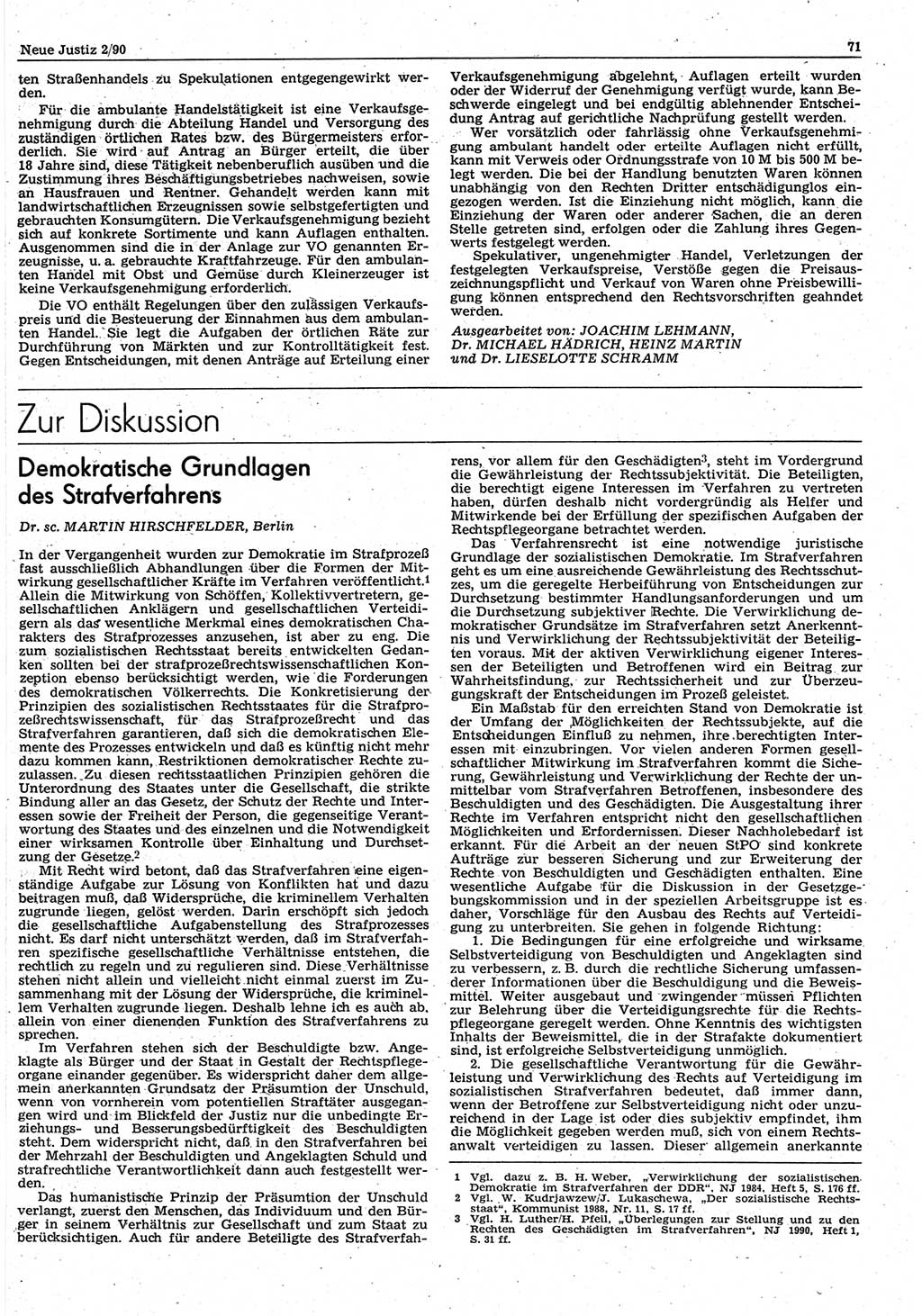 Neue Justiz (NJ), Zeitschrift für Rechtsetzung und Rechtsanwendung [Deutsche Demokratische Republik (DDR)], 44. Jahrgang 1990, Seite 71 (NJ DDR 1990, S. 71)