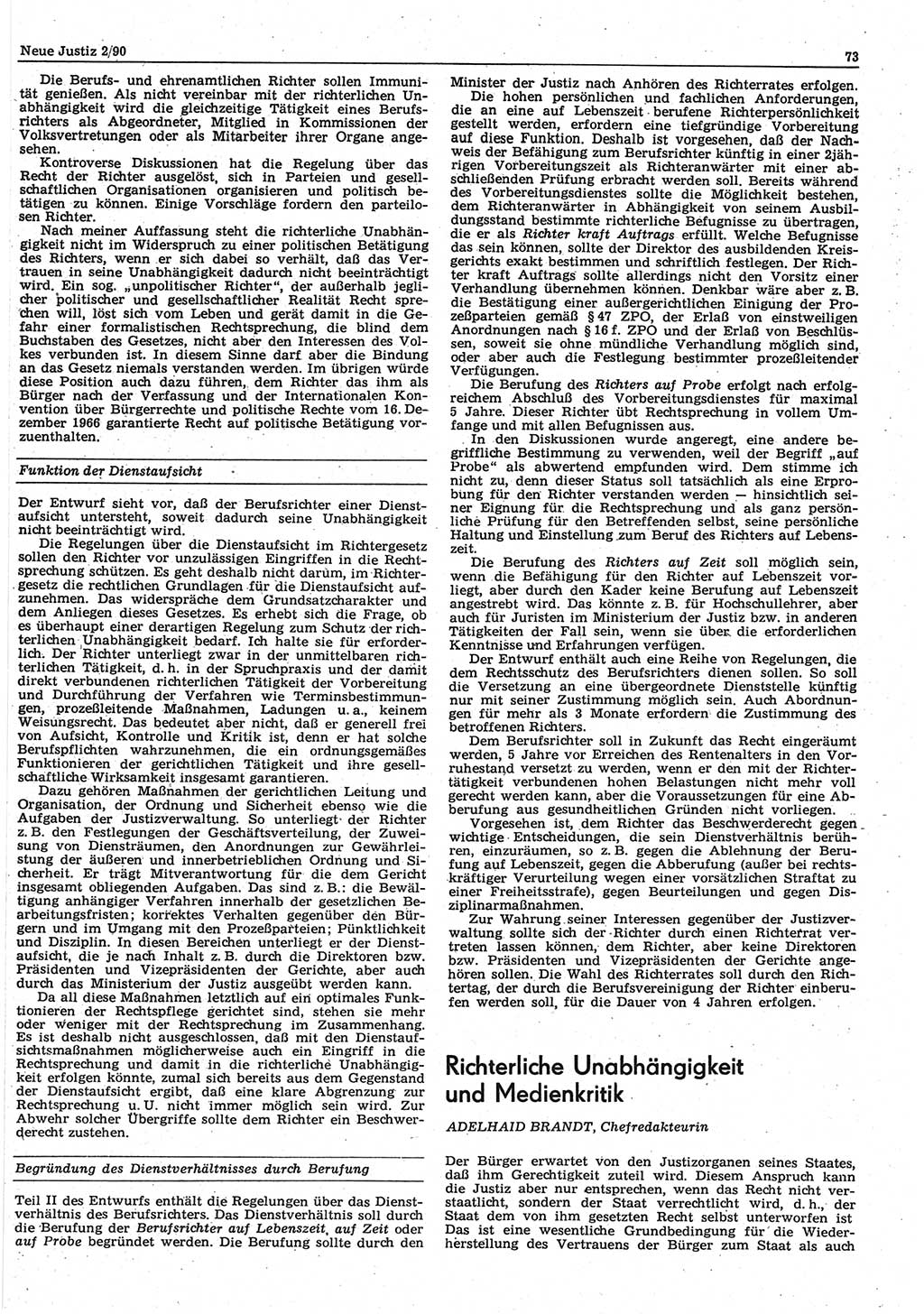 Neue Justiz (NJ), Zeitschrift für Rechtsetzung und Rechtsanwendung [Deutsche Demokratische Republik (DDR)], 44. Jahrgang 1990, Seite 73 (NJ DDR 1990, S. 73)