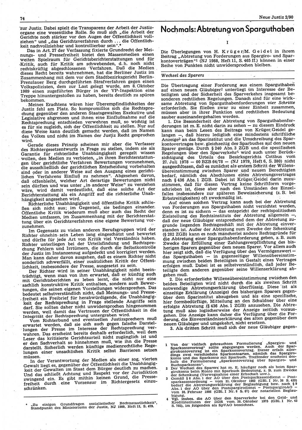 Neue Justiz (NJ), Zeitschrift für Rechtsetzung und Rechtsanwendung [Deutsche Demokratische Republik (DDR)], 44. Jahrgang 1990, Seite 74 (NJ DDR 1990, S. 74)