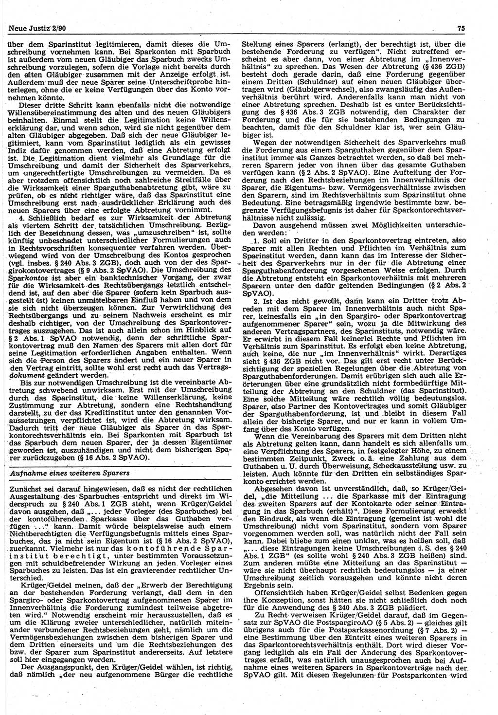 Neue Justiz (NJ), Zeitschrift für Rechtsetzung und Rechtsanwendung [Deutsche Demokratische Republik (DDR)], 44. Jahrgang 1990, Seite 75 (NJ DDR 1990, S. 75)