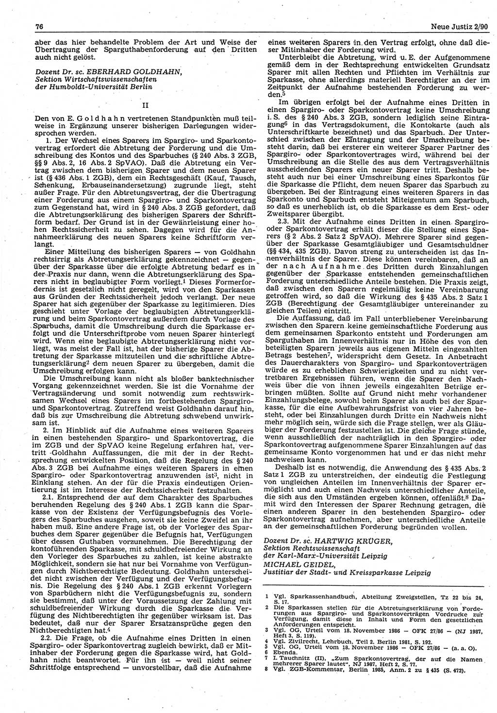 Neue Justiz (NJ), Zeitschrift für Rechtsetzung und Rechtsanwendung [Deutsche Demokratische Republik (DDR)], 44. Jahrgang 1990, Seite 76 (NJ DDR 1990, S. 76)