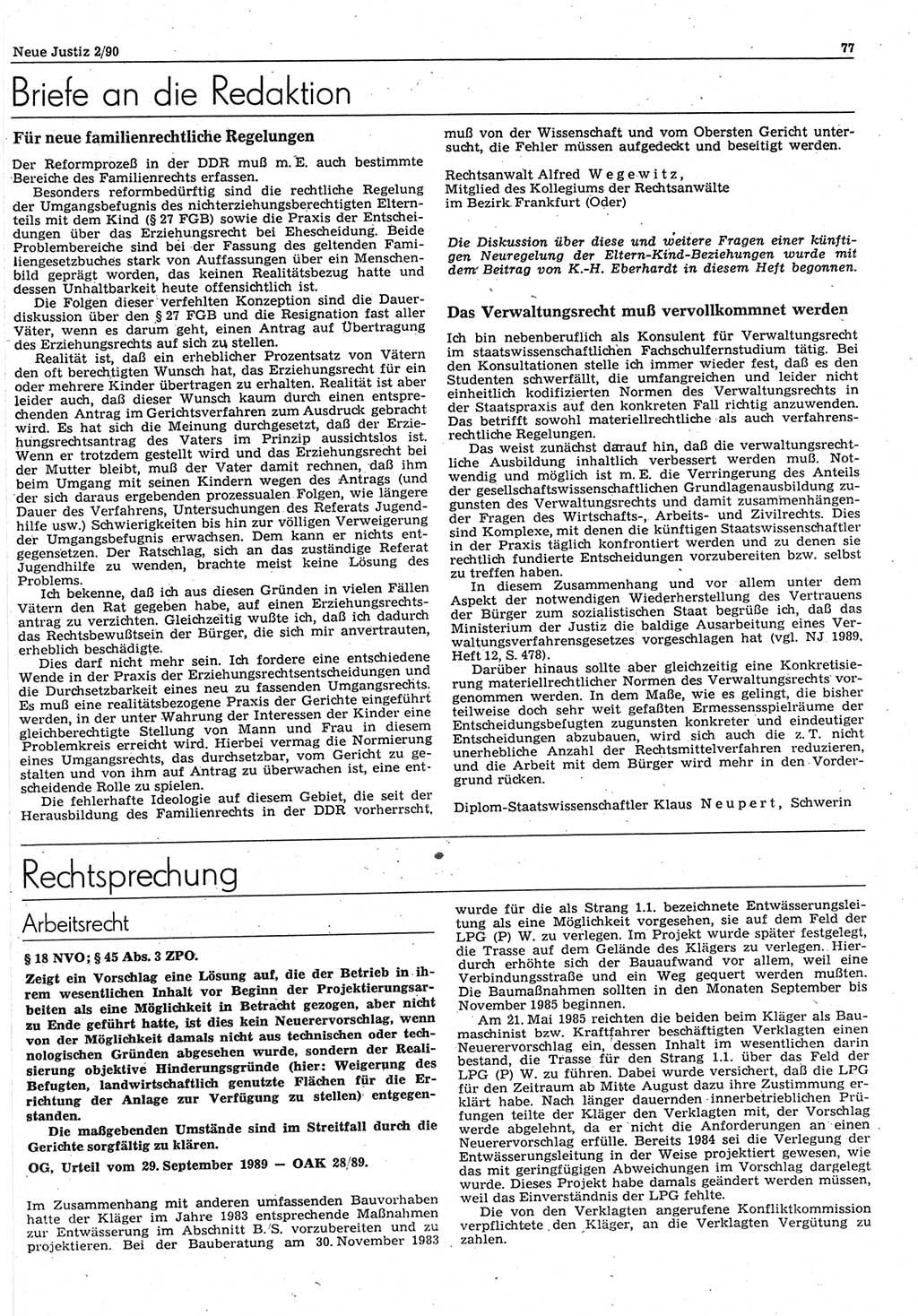 Neue Justiz (NJ), Zeitschrift für Rechtsetzung und Rechtsanwendung [Deutsche Demokratische Republik (DDR)], 44. Jahrgang 1990, Seite 77 (NJ DDR 1990, S. 77)