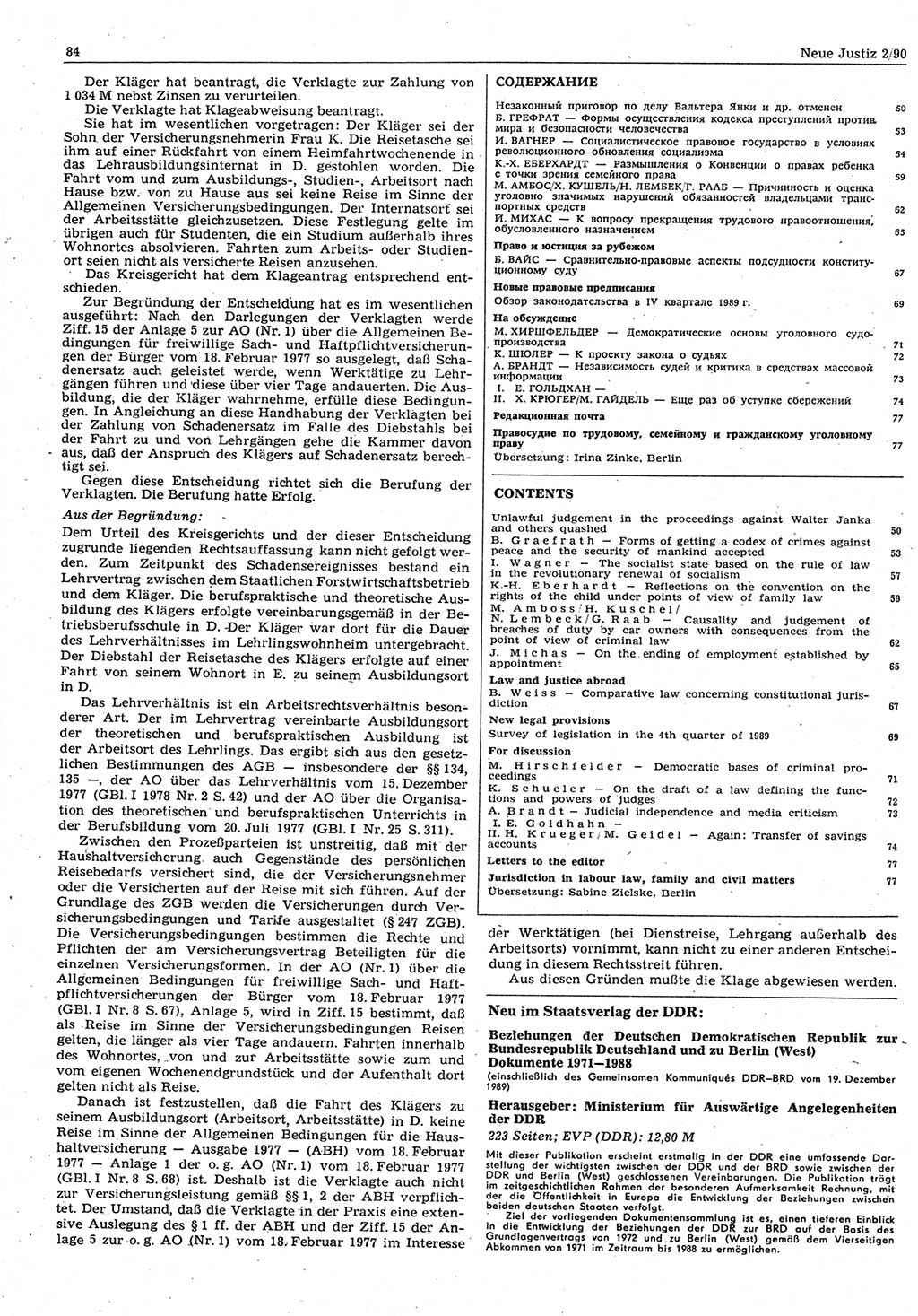 Neue Justiz (NJ), Zeitschrift für Rechtsetzung und Rechtsanwendung [Deutsche Demokratische Republik (DDR)], 44. Jahrgang 1990, Seite 84 (NJ DDR 1990, S. 84)