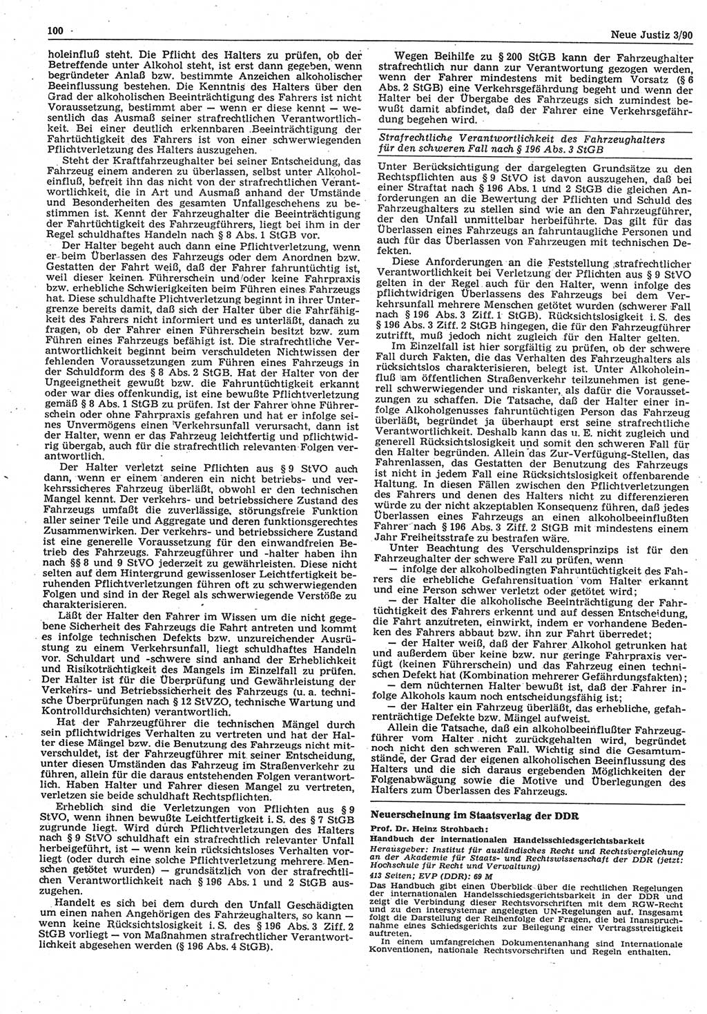 Neue Justiz (NJ), Zeitschrift für Rechtsetzung und Rechtsanwendung [Deutsche Demokratische Republik (DDR)], 44. Jahrgang 1990, Seite 100 (NJ DDR 1990, S. 100)