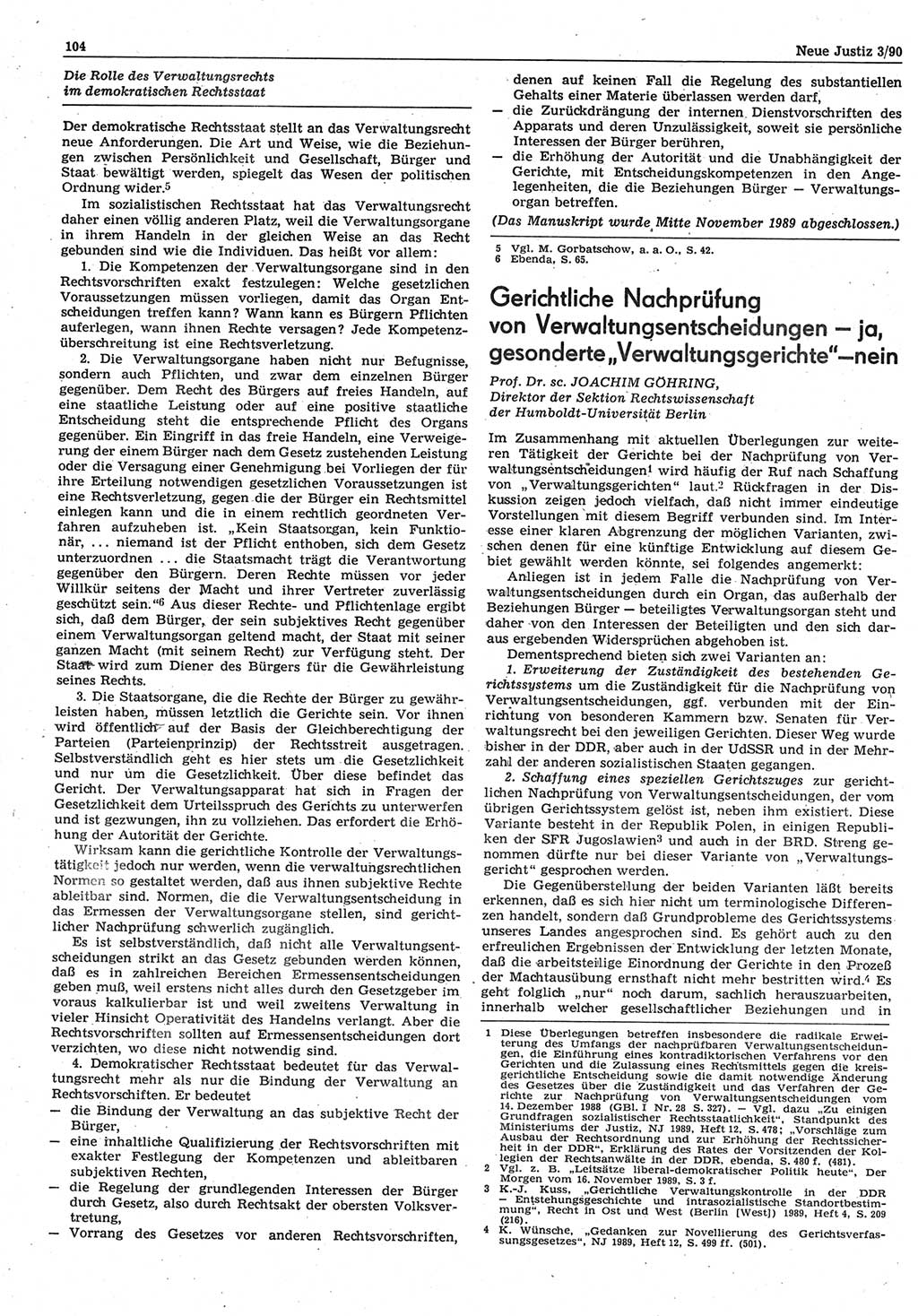 Neue Justiz (NJ), Zeitschrift für Rechtsetzung und Rechtsanwendung [Deutsche Demokratische Republik (DDR)], 44. Jahrgang 1990, Seite 104 (NJ DDR 1990, S. 104)