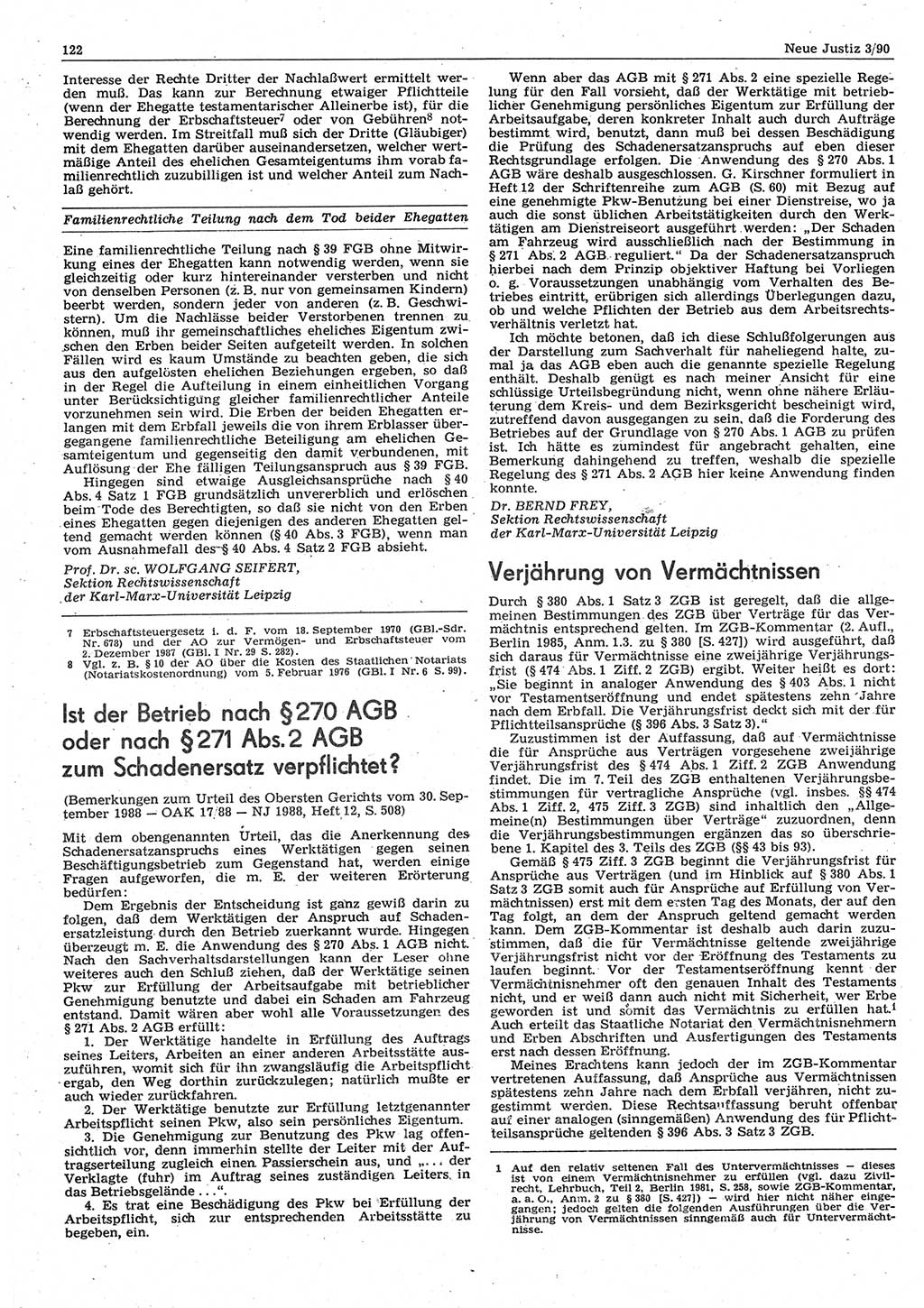 Neue Justiz (NJ), Zeitschrift für Rechtsetzung und Rechtsanwendung [Deutsche Demokratische Republik (DDR)], 44. Jahrgang 1990, Seite 122 (NJ DDR 1990, S. 122)