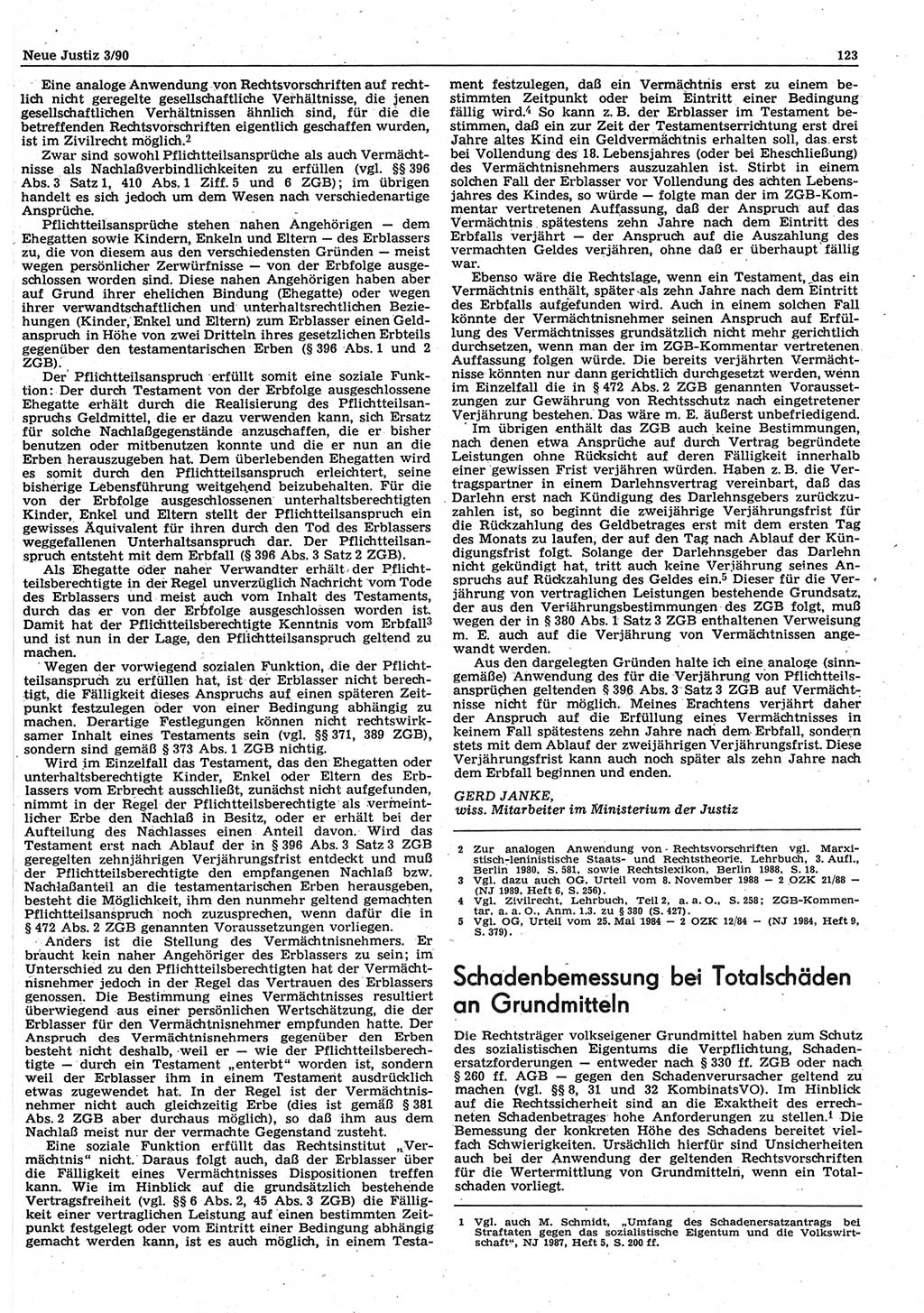 Neue Justiz (NJ), Zeitschrift für Rechtsetzung und Rechtsanwendung [Deutsche Demokratische Republik (DDR)], 44. Jahrgang 1990, Seite 123 (NJ DDR 1990, S. 123)