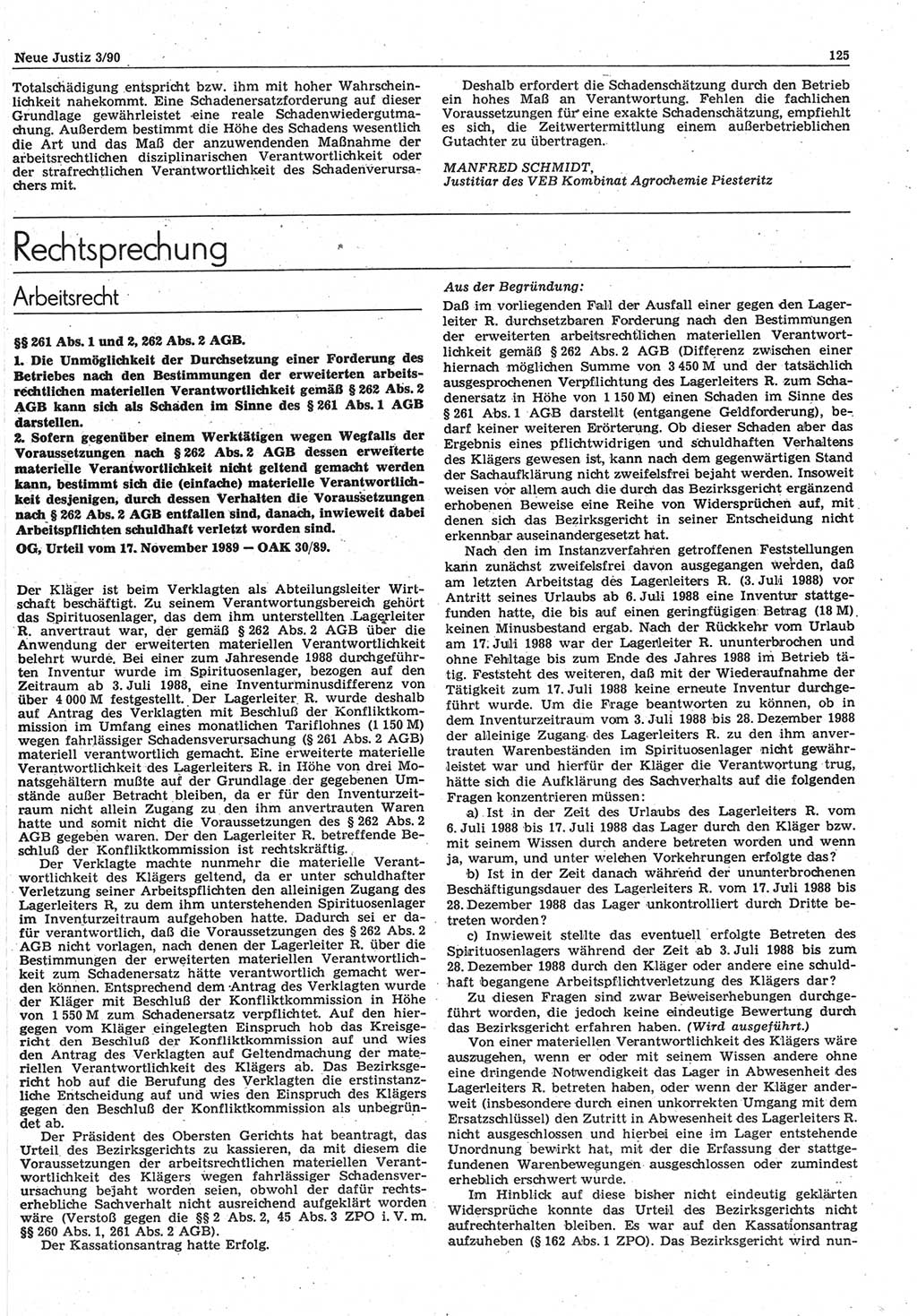 Neue Justiz (NJ), Zeitschrift für Rechtsetzung und Rechtsanwendung [Deutsche Demokratische Republik (DDR)], 44. Jahrgang 1990, Seite 125 (NJ DDR 1990, S. 125)