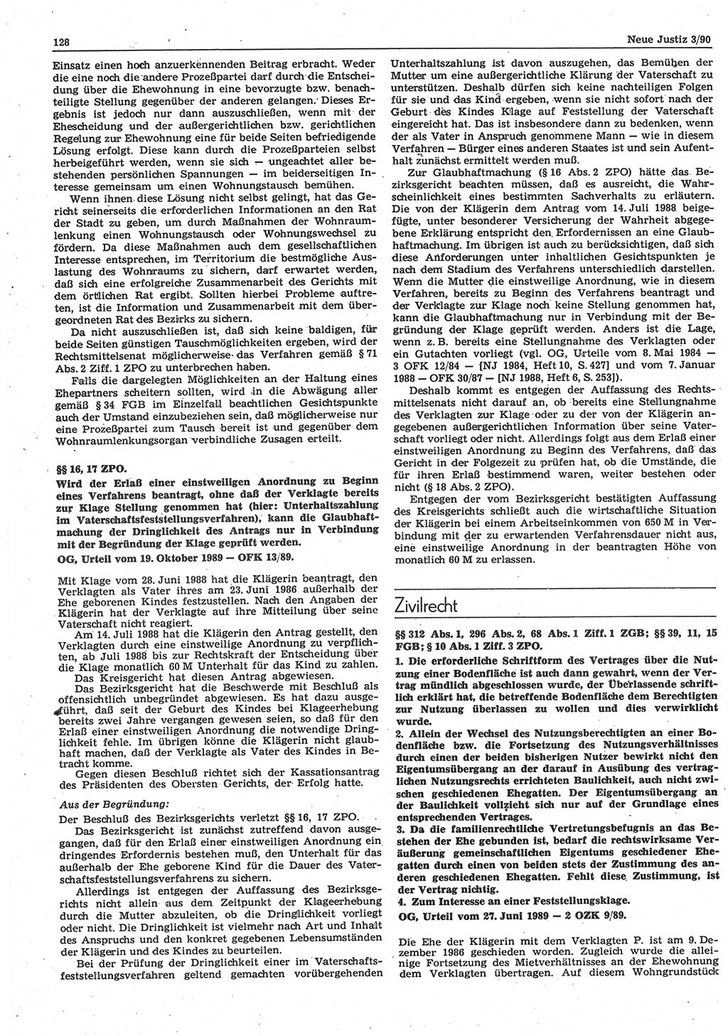 Neue Justiz (NJ), Zeitschrift für Rechtsetzung und Rechtsanwendung [Deutsche Demokratische Republik (DDR)], 44. Jahrgang 1990, Seite 128 (NJ DDR 1990, S. 128)