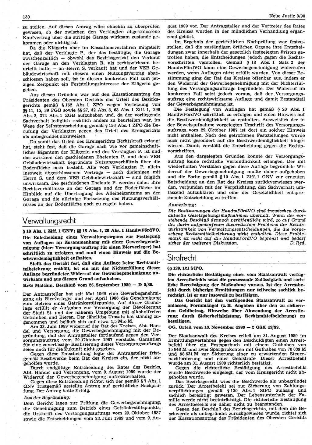 Neue Justiz (NJ), Zeitschrift für Rechtsetzung und Rechtsanwendung [Deutsche Demokratische Republik (DDR)], 44. Jahrgang 1990, Seite 130 (NJ DDR 1990, S. 130)