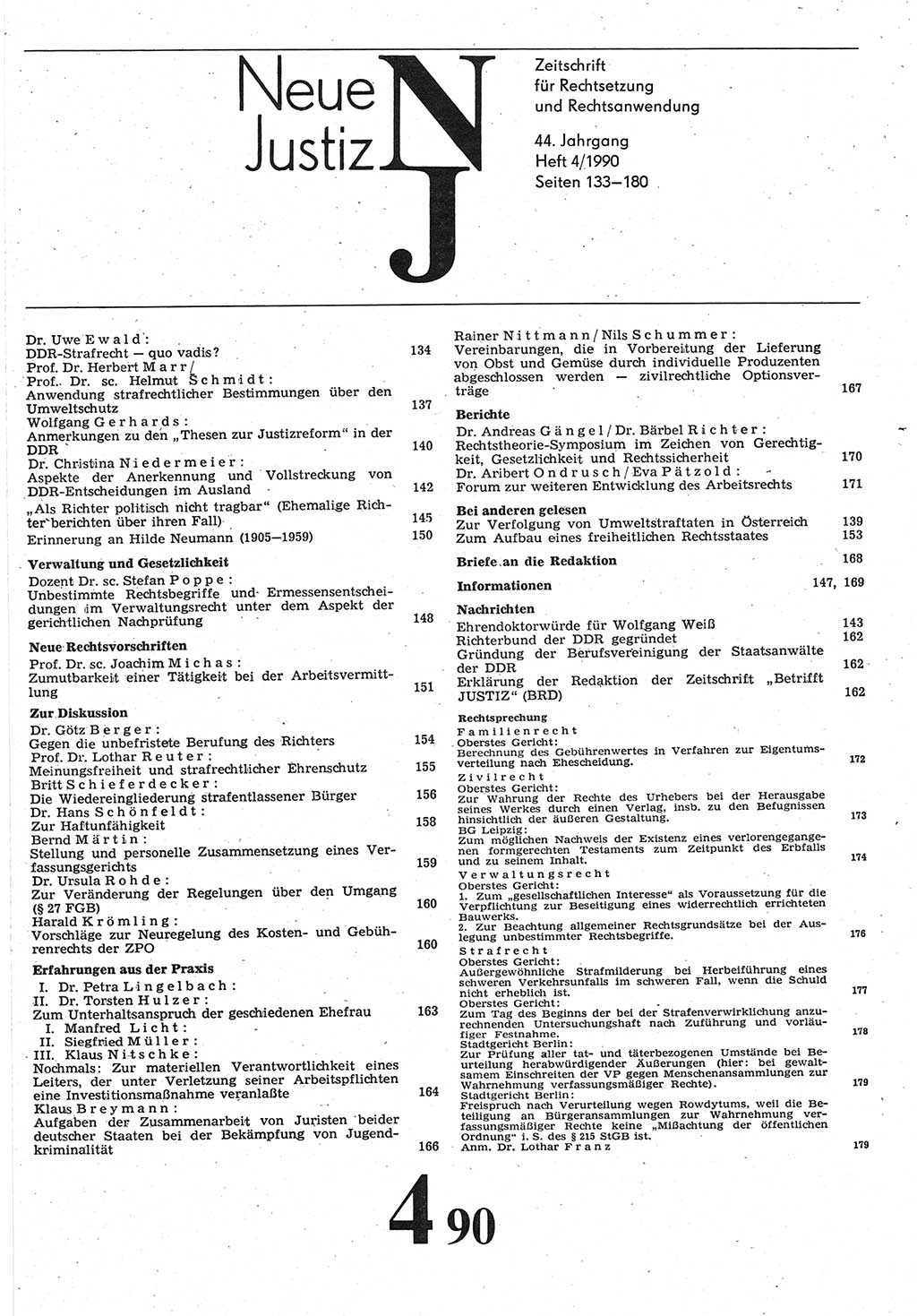 Neue Justiz (NJ), Zeitschrift für Rechtsetzung und Rechtsanwendung [Deutsche Demokratische Republik (DDR)], 44. Jahrgang 1990, Seite 133 (NJ DDR 1990, S. 133)