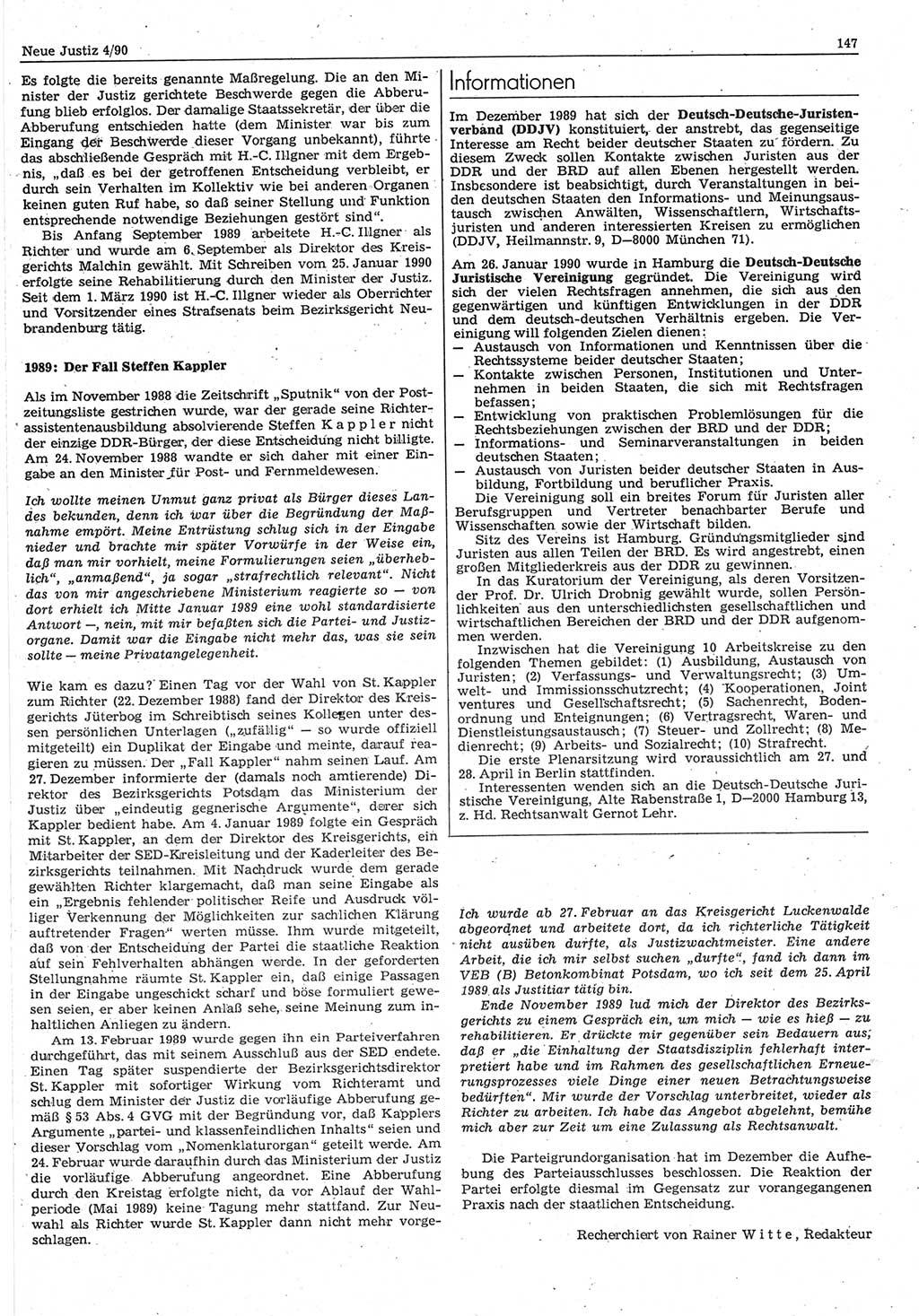 Neue Justiz (NJ), Zeitschrift für Rechtsetzung und Rechtsanwendung [Deutsche Demokratische Republik (DDR)], 44. Jahrgang 1990, Seite 147 (NJ DDR 1990, S. 147)