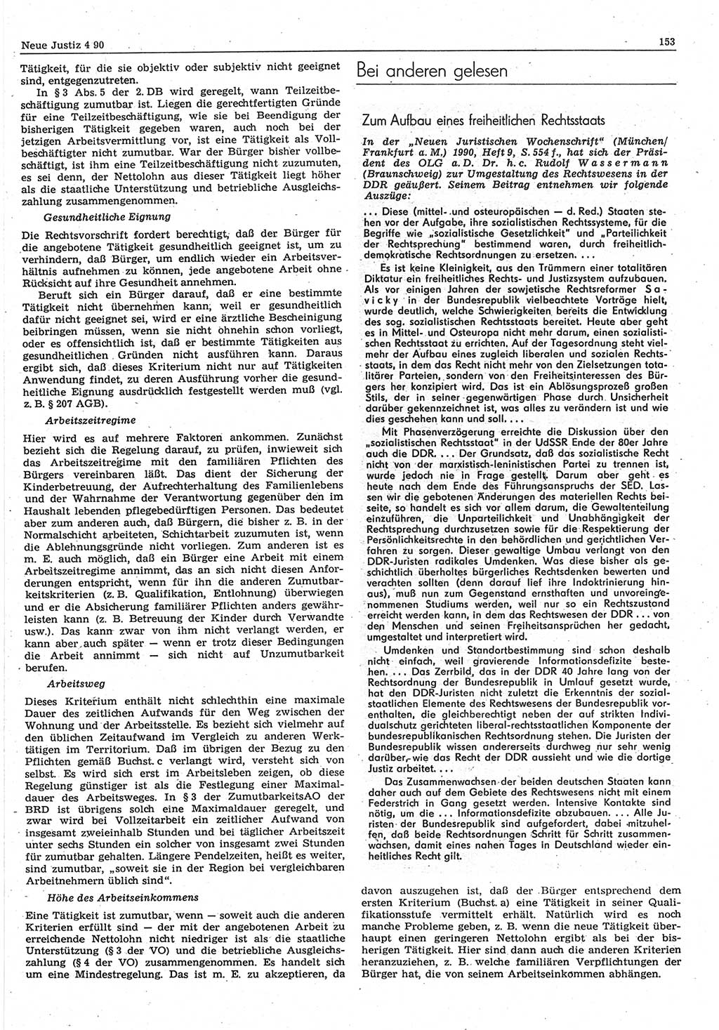 Neue Justiz (NJ), Zeitschrift für Rechtsetzung und Rechtsanwendung [Deutsche Demokratische Republik (DDR)], 44. Jahrgang 1990, Seite 153 (NJ DDR 1990, S. 153)