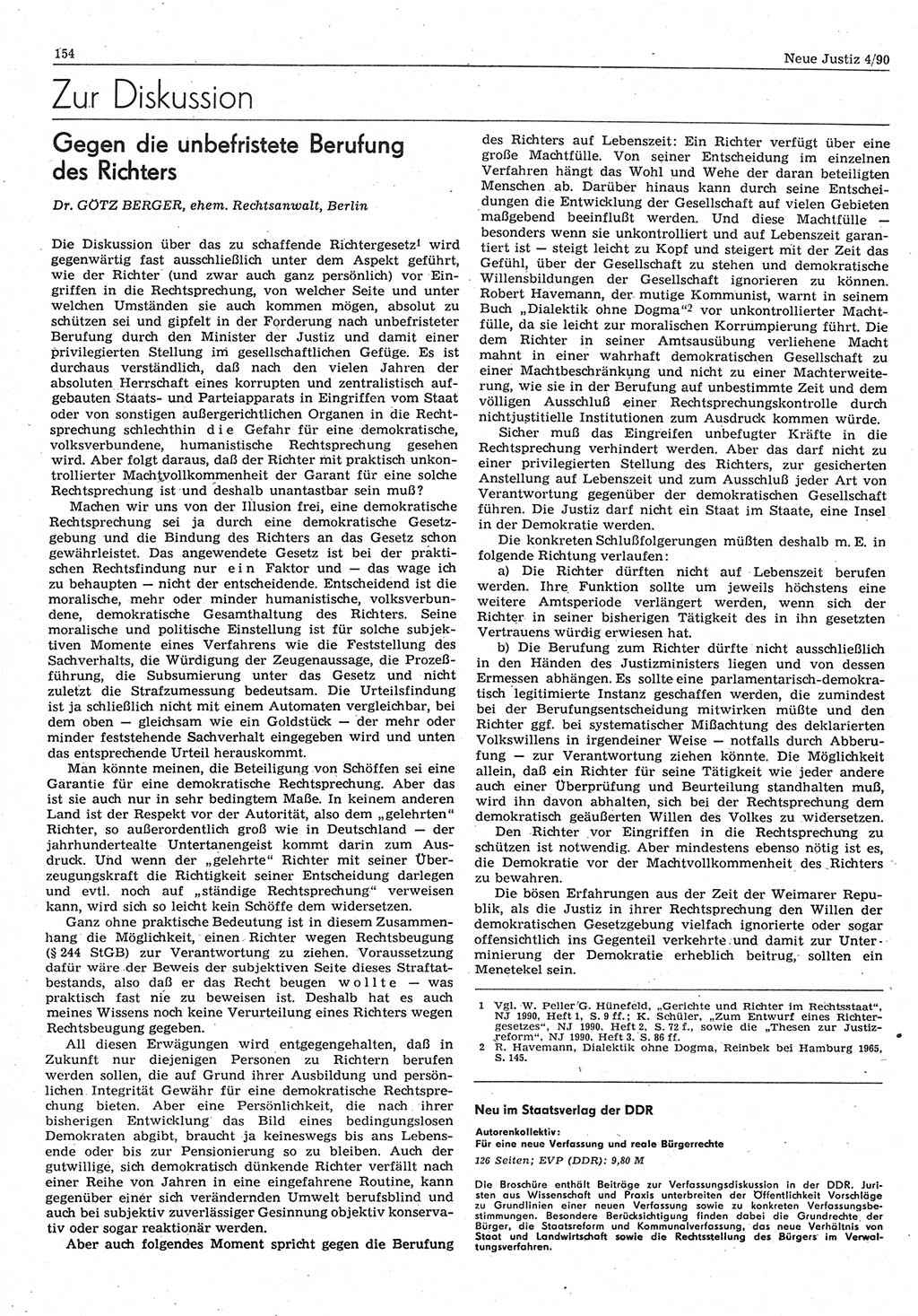 Neue Justiz (NJ), Zeitschrift für Rechtsetzung und Rechtsanwendung [Deutsche Demokratische Republik (DDR)], 44. Jahrgang 1990, Seite 154 (NJ DDR 1990, S. 154)
