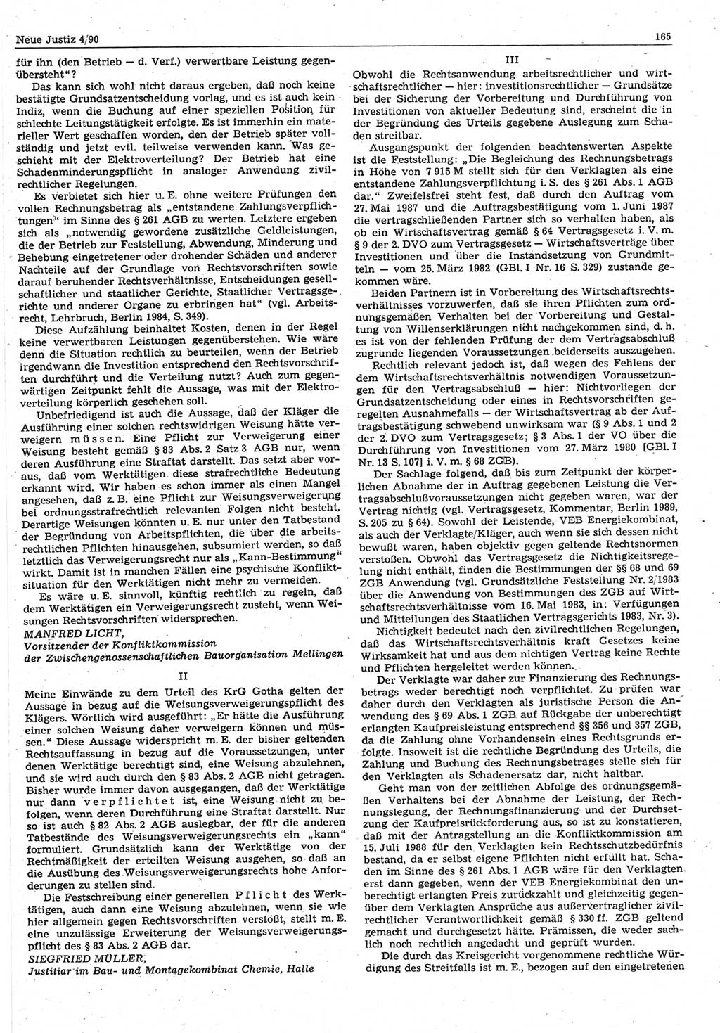 Neue Justiz (NJ), Zeitschrift für Rechtsetzung und Rechtsanwendung [Deutsche Demokratische Republik (DDR)], 44. Jahrgang 1990, Seite 165 (NJ DDR 1990, S. 165)