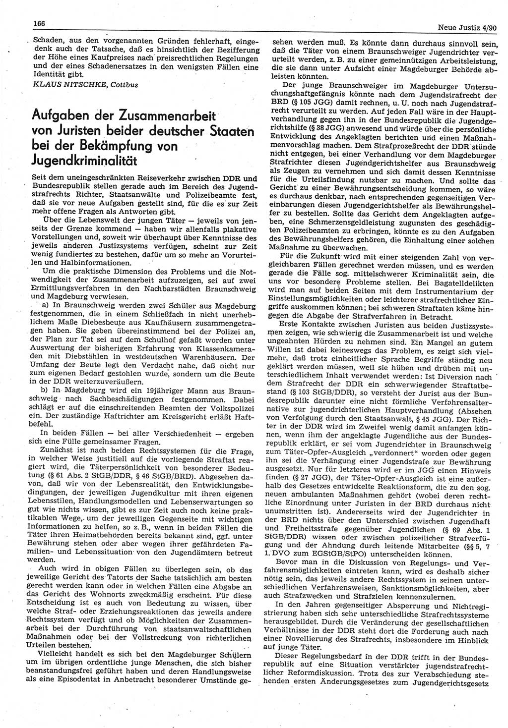 Neue Justiz (NJ), Zeitschrift für Rechtsetzung und Rechtsanwendung [Deutsche Demokratische Republik (DDR)], 44. Jahrgang 1990, Seite 166 (NJ DDR 1990, S. 166)
