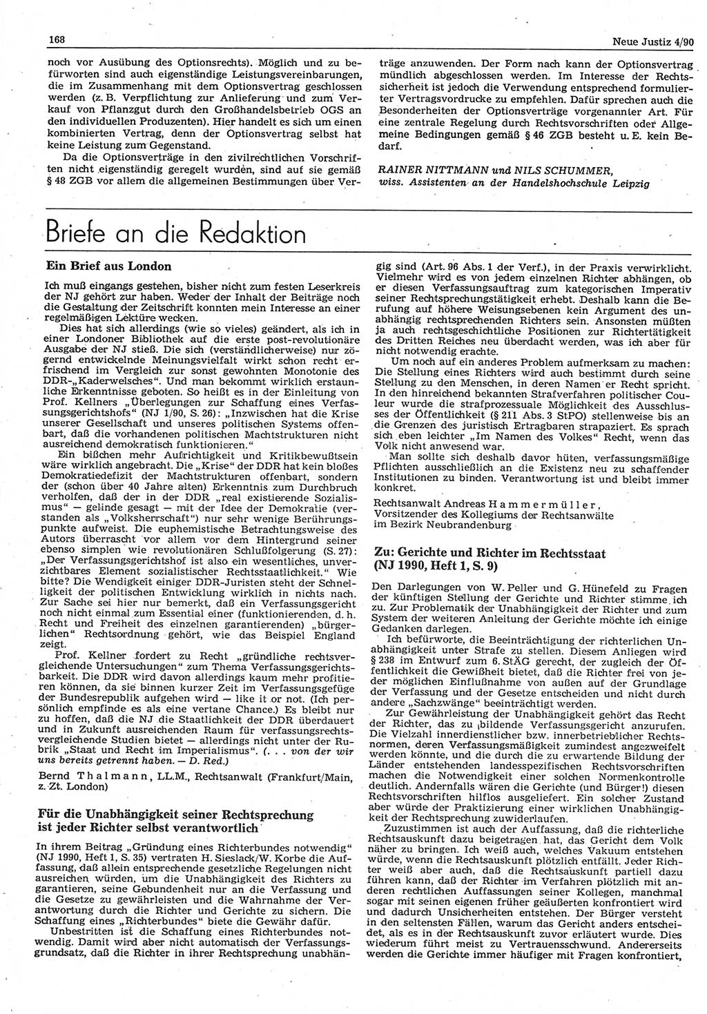 Neue Justiz (NJ), Zeitschrift für Rechtsetzung und Rechtsanwendung [Deutsche Demokratische Republik (DDR)], 44. Jahrgang 1990, Seite 168 (NJ DDR 1990, S. 168)