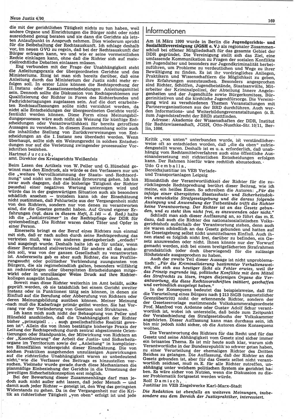 Neue Justiz (NJ), Zeitschrift für Rechtsetzung und Rechtsanwendung [Deutsche Demokratische Republik (DDR)], 44. Jahrgang 1990, Seite 169 (NJ DDR 1990, S. 169)